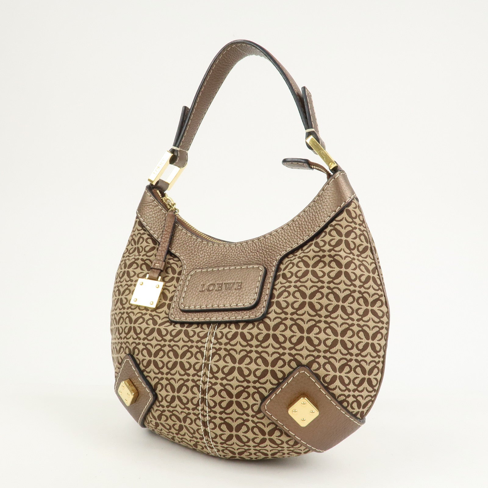 LOEWE New Road Line Logo Canvas Leather Shoulder Bag Brown Beige