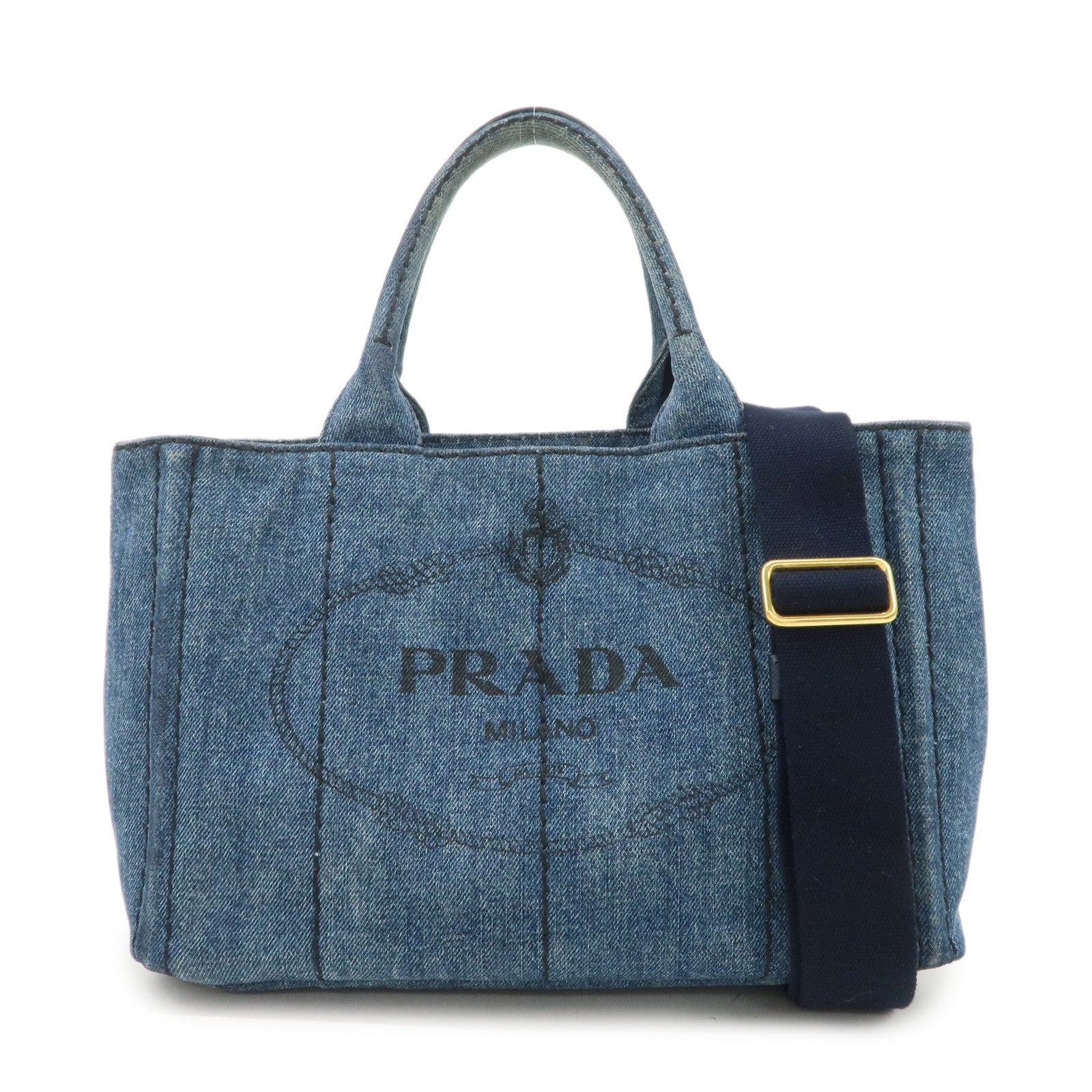 PRADA Canapa Mini Denim 2Way Hand Bag Tote Bag Navy 1BG439 Used