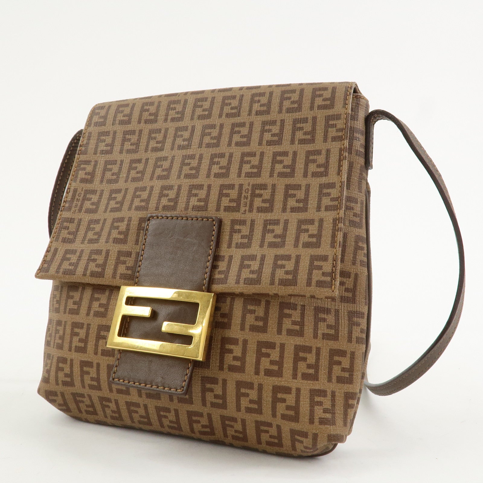 FENDI Zucchino Leather PVC Shoulder Bag Crossbody Bag Brown 8BT075