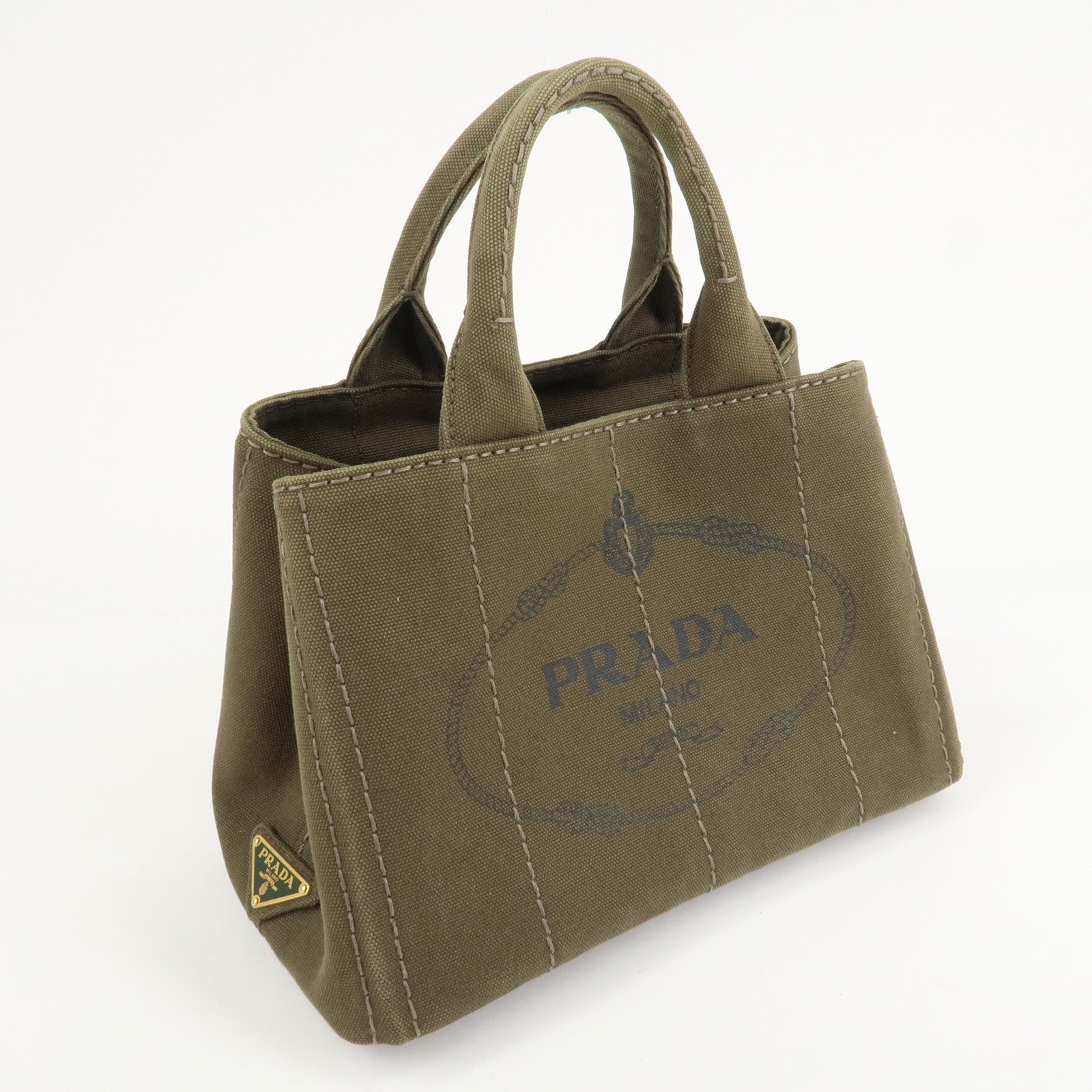 PRADA Logo Canapa Mini Canvas Tote Bag Hand Bag Khaki BN2439