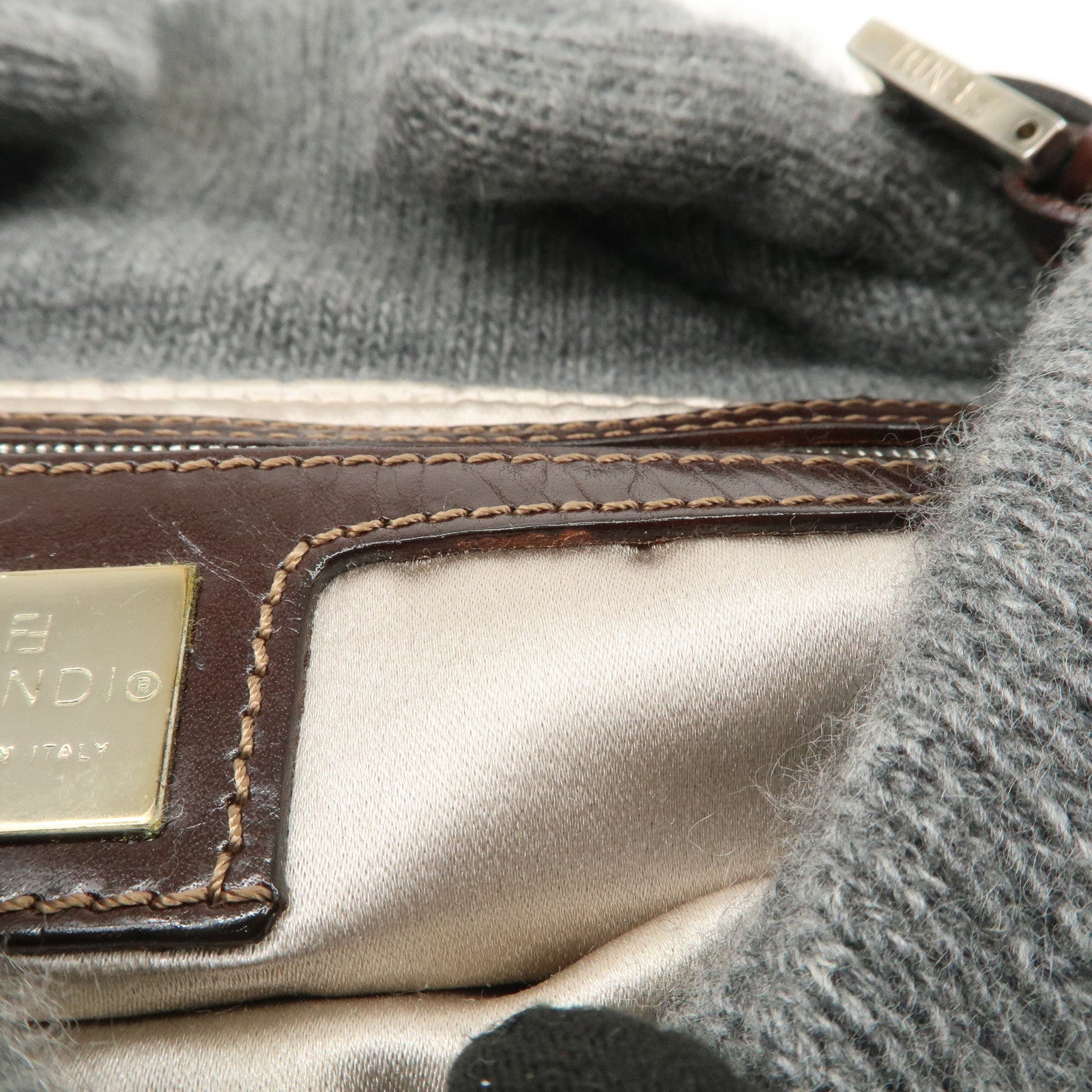 FENDI Mamma Baguette Wool Leather Shoulder Bag Brown Gray 26424