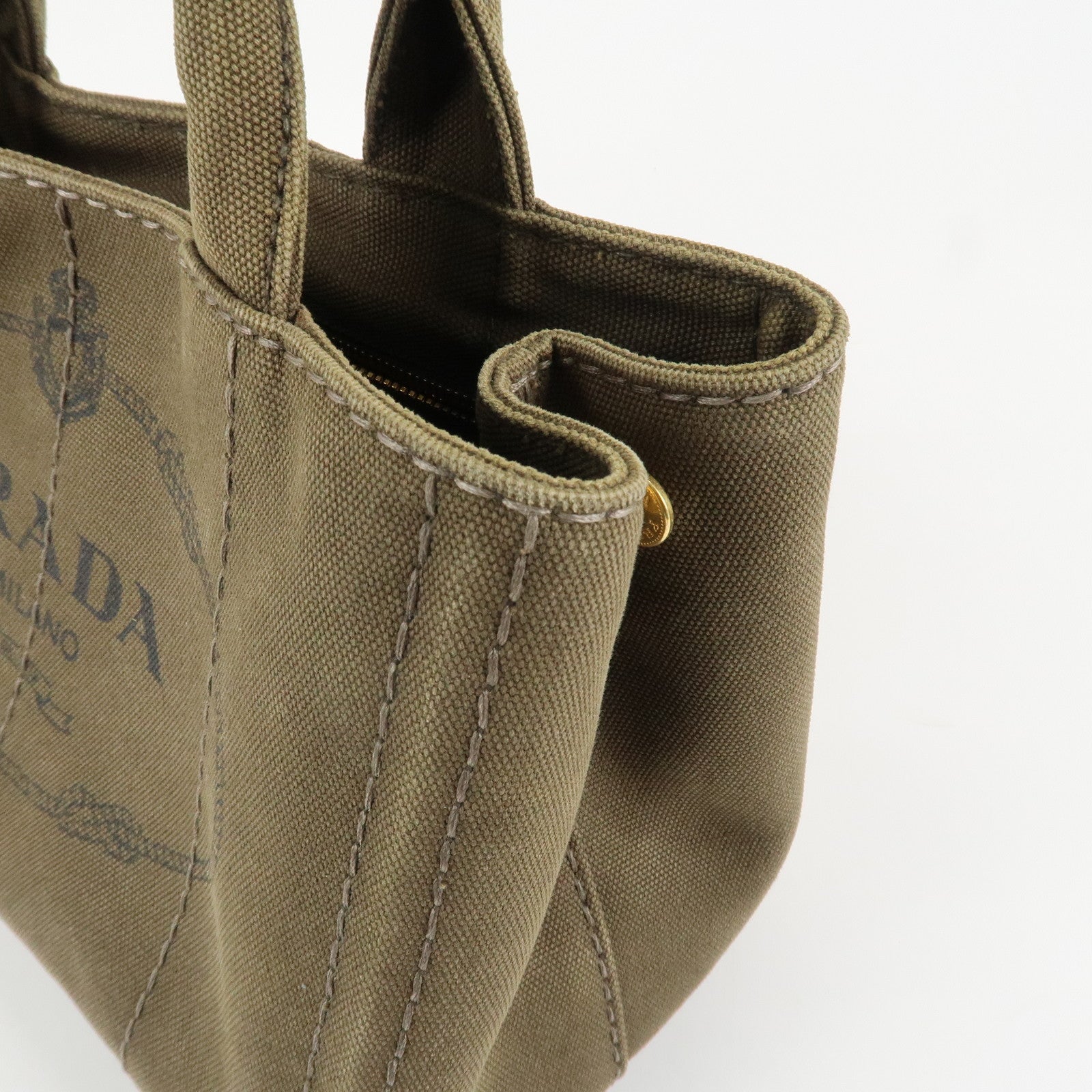 PRADA Logo Canapa Mini Canvas Tote Bag Hand Bag Khaki BN2439 Used