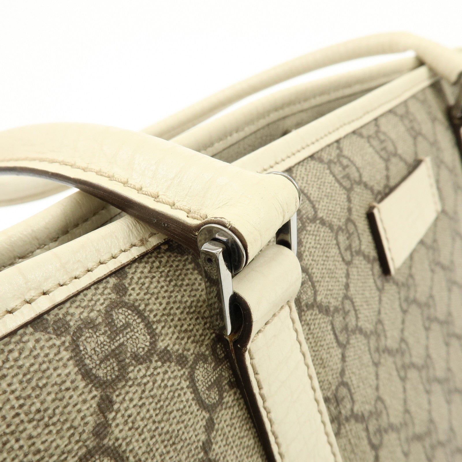 GUCCI GG Canvas Leather Shoulder Bag Tote Bag Beige White 114595