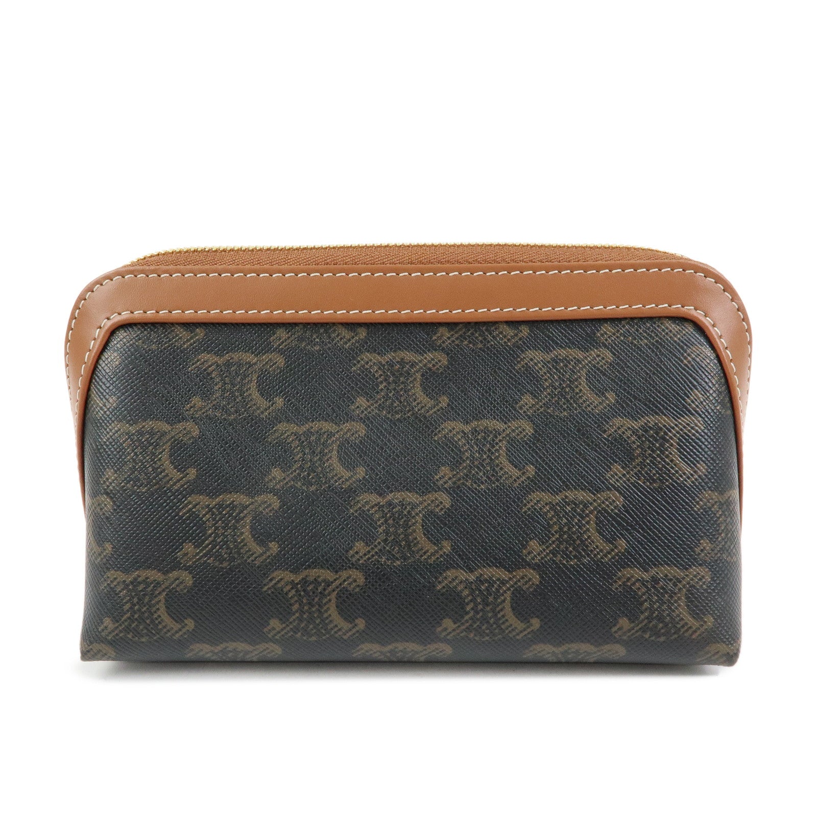 CELINE Triomphe PVC Calf Leather Cosmetic Pouch Tan Dark Brown