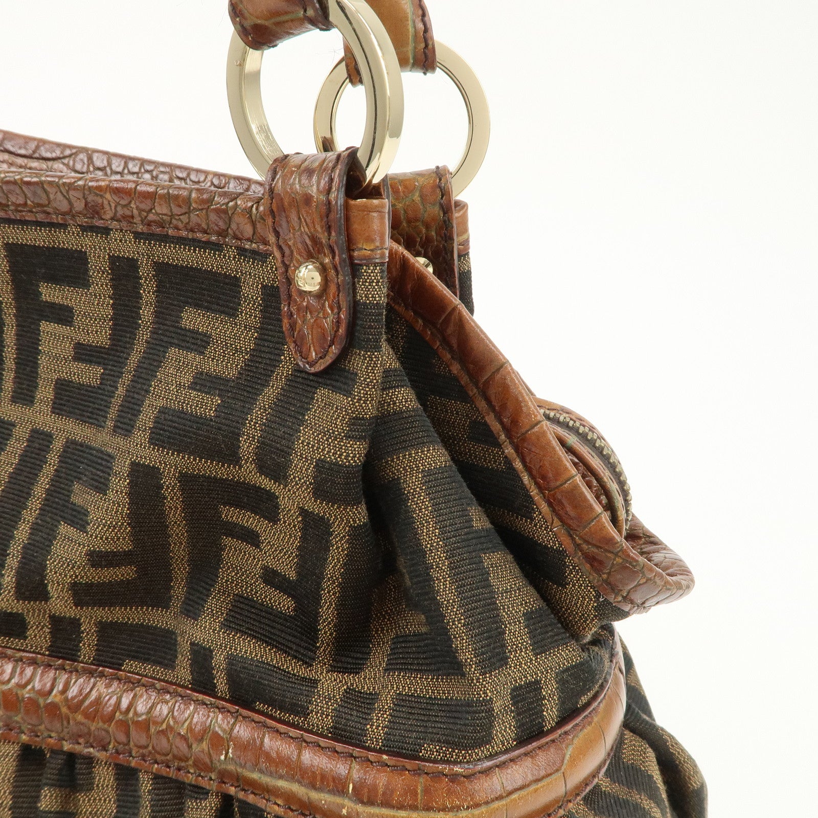 FENDI Zucca Gathered Canvas Leather Shoulder Bag Tote Bag 8BH186