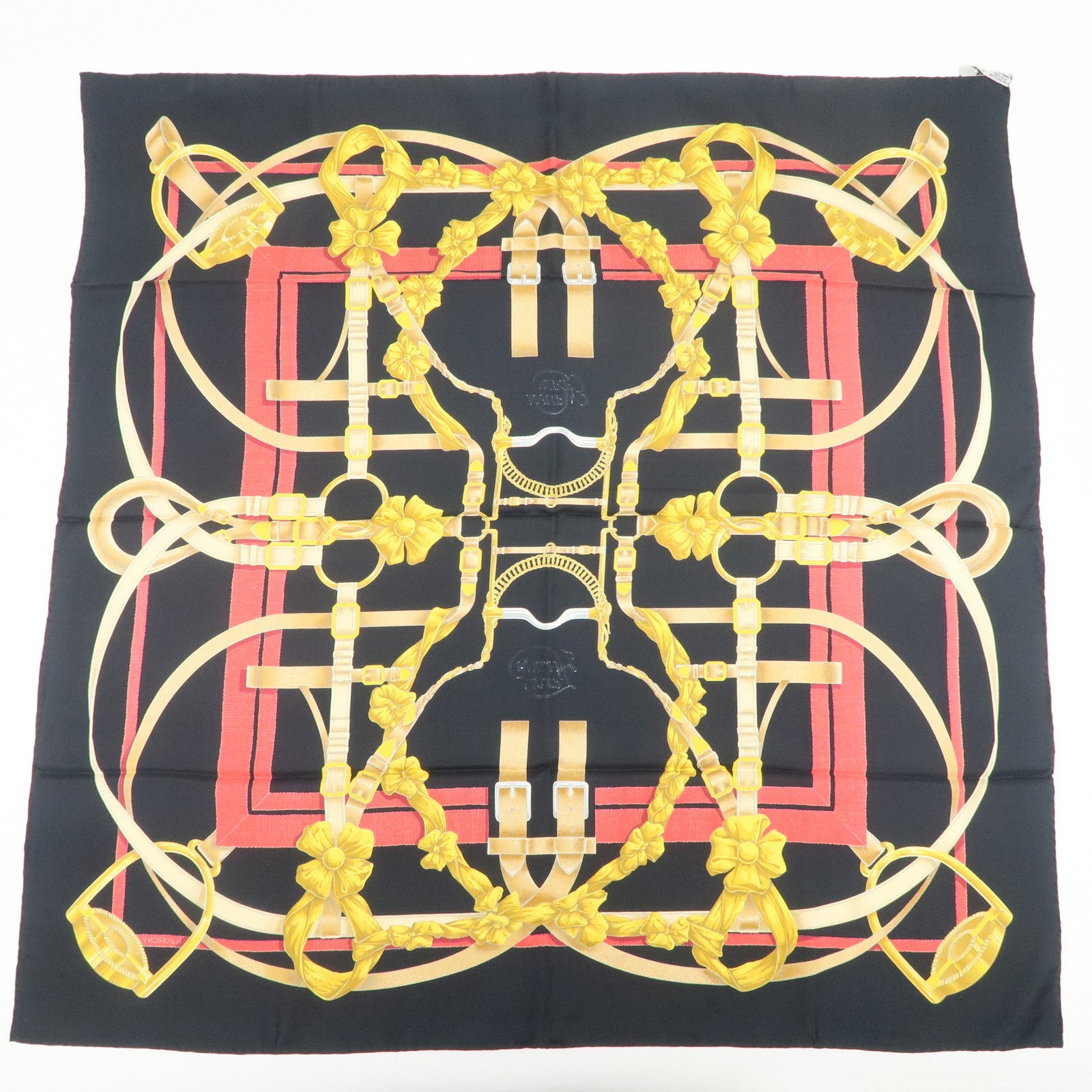 HERME Carre 90 Silk 100% Scarf Grand Manege Black Yellow