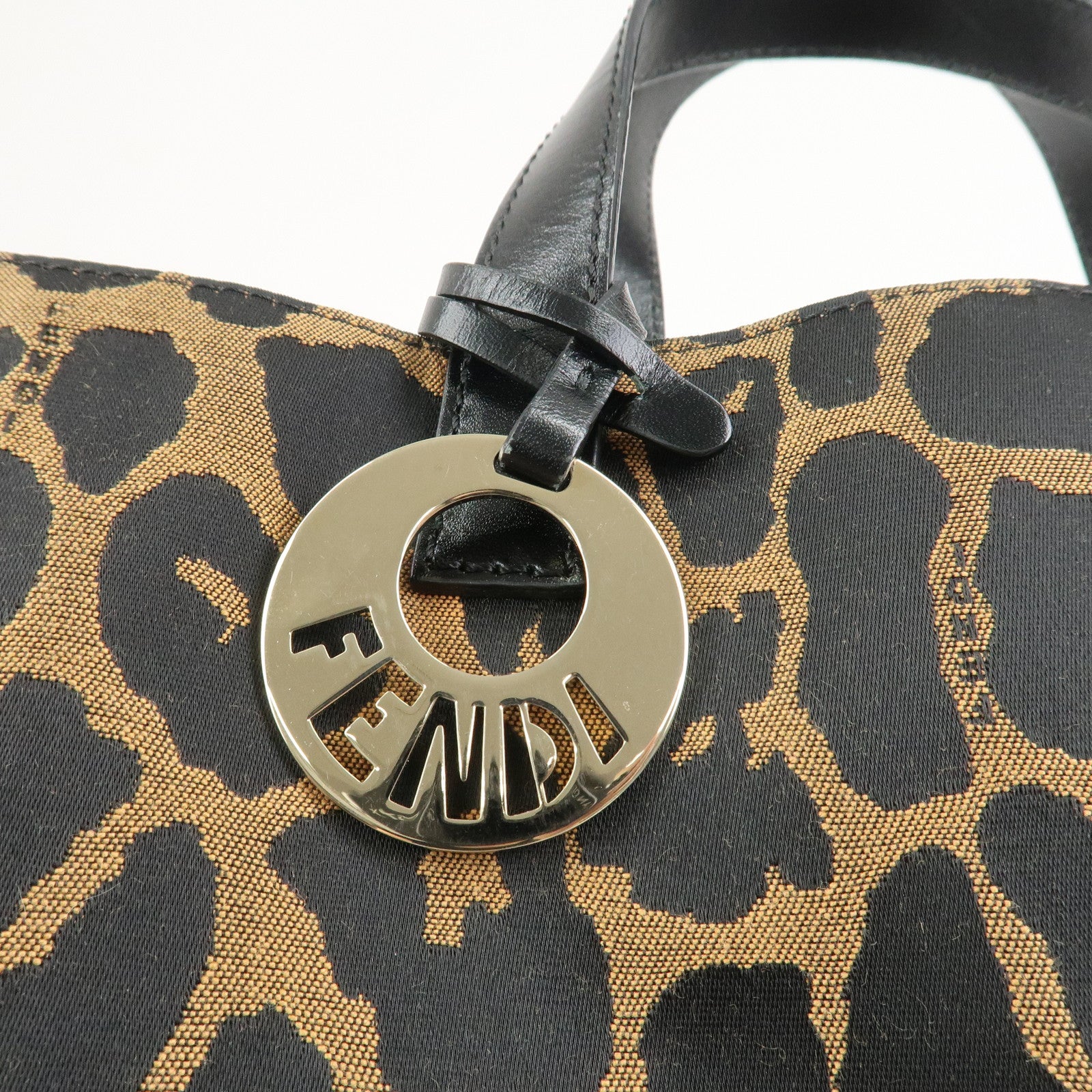 FENDI Leopard Canvas Leather Tote Bag Hand Bag Brown Black 8BH173