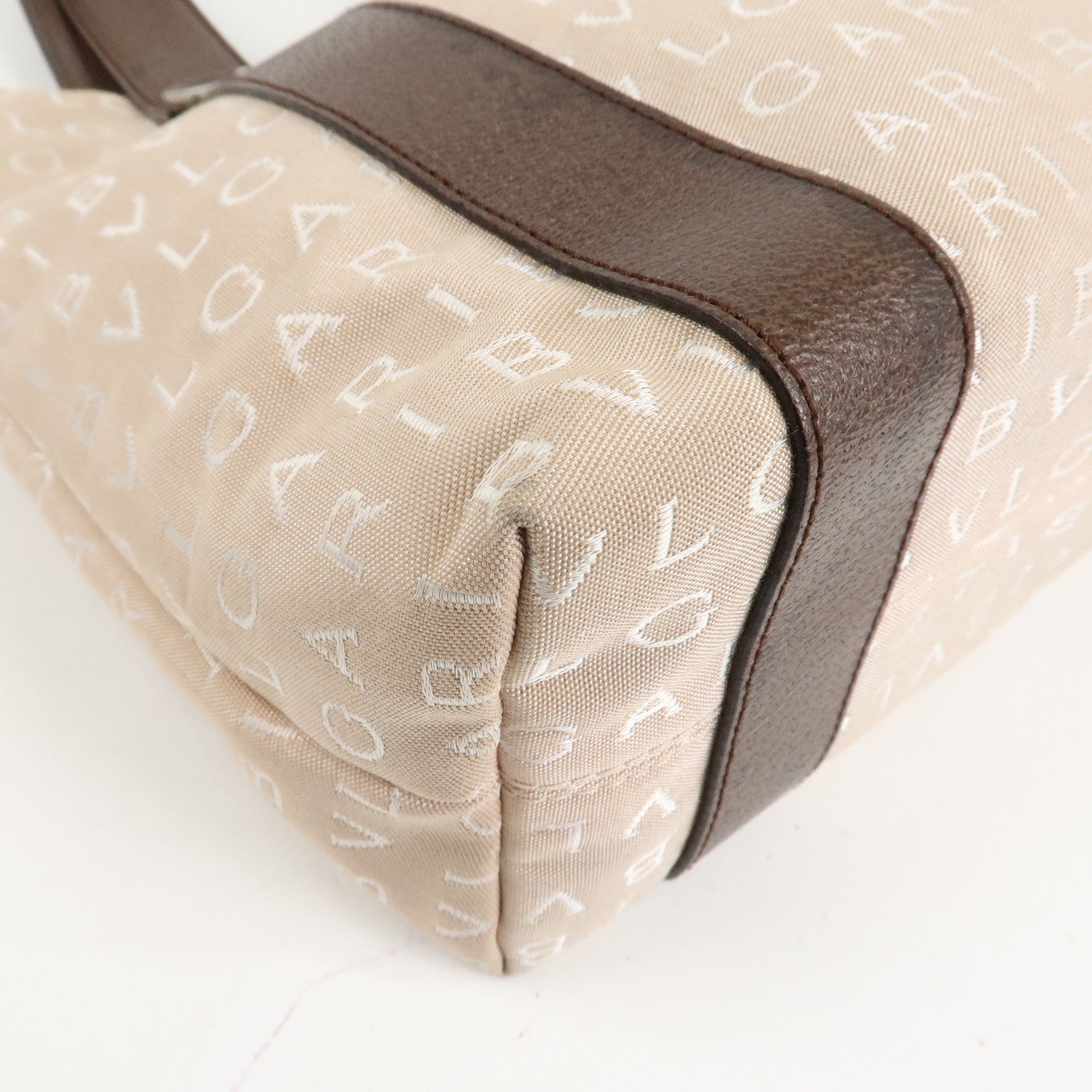 BVLGARI Logo Mania Canvas Leather Tote Bag Beige Dark Brown Silver HDW Used