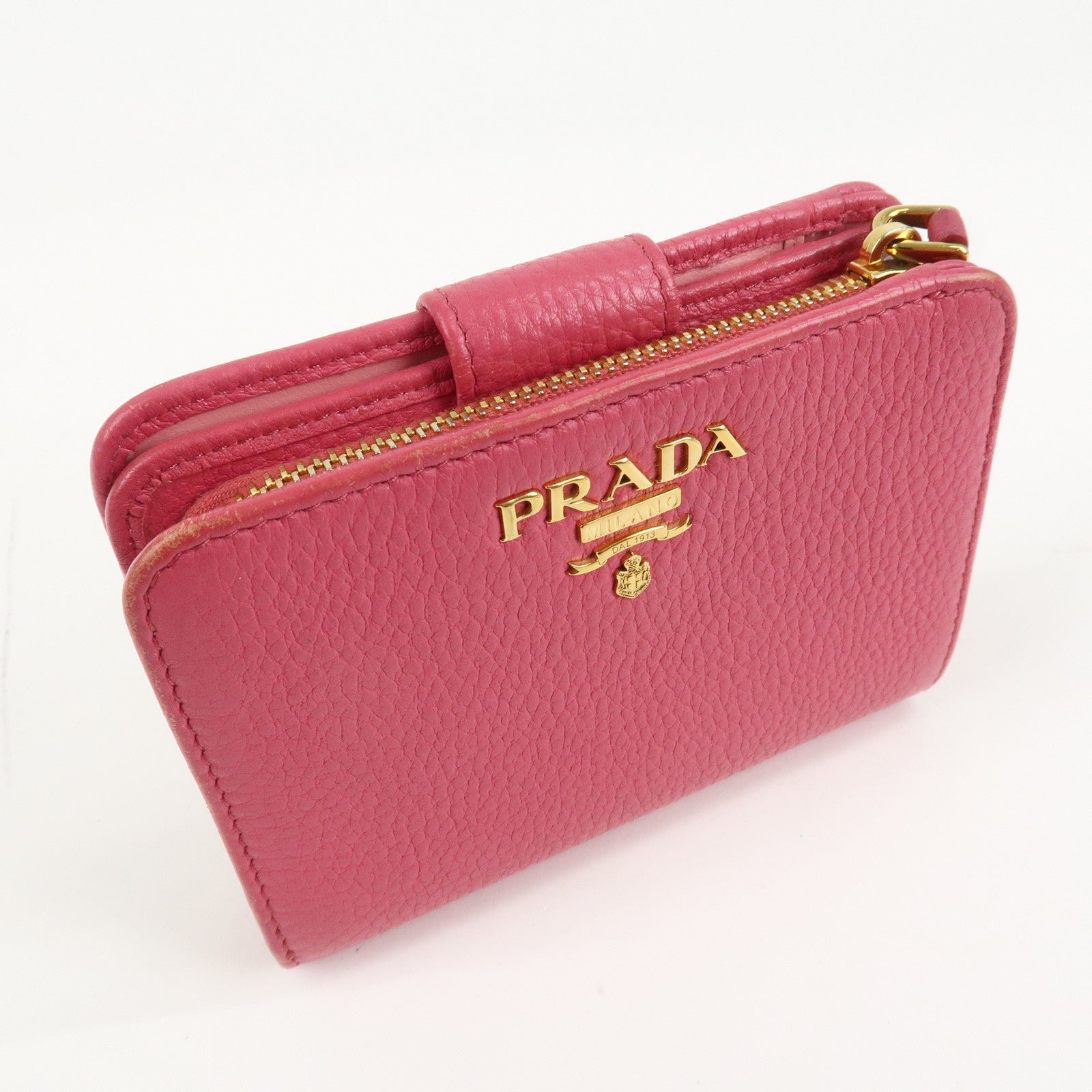 PRADA Logo Leather Bi-Fold Wallet Small Wallet Pink 1ML018 Used