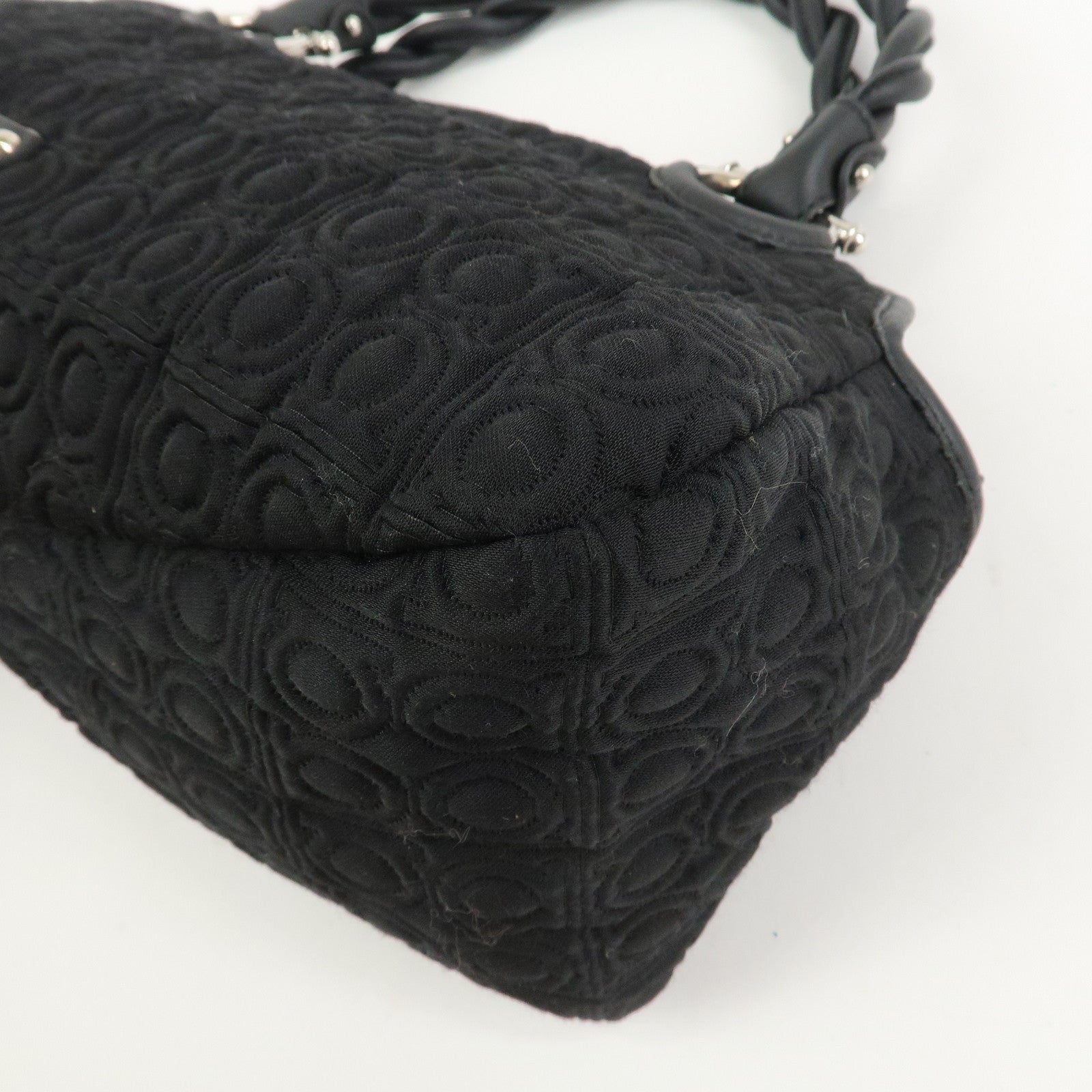 Ferragamo Gancini Canvas Leather Hand Bag Black Silver