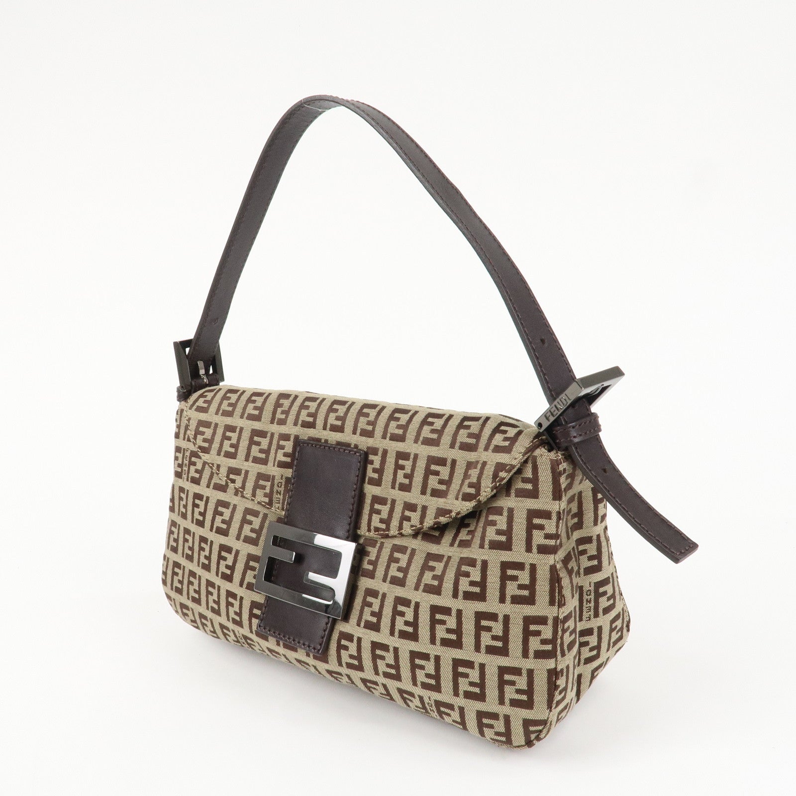 FENDI Mamma Baguette Zucchino Canvas Leather Hand Bag Brown 8BR003 Used