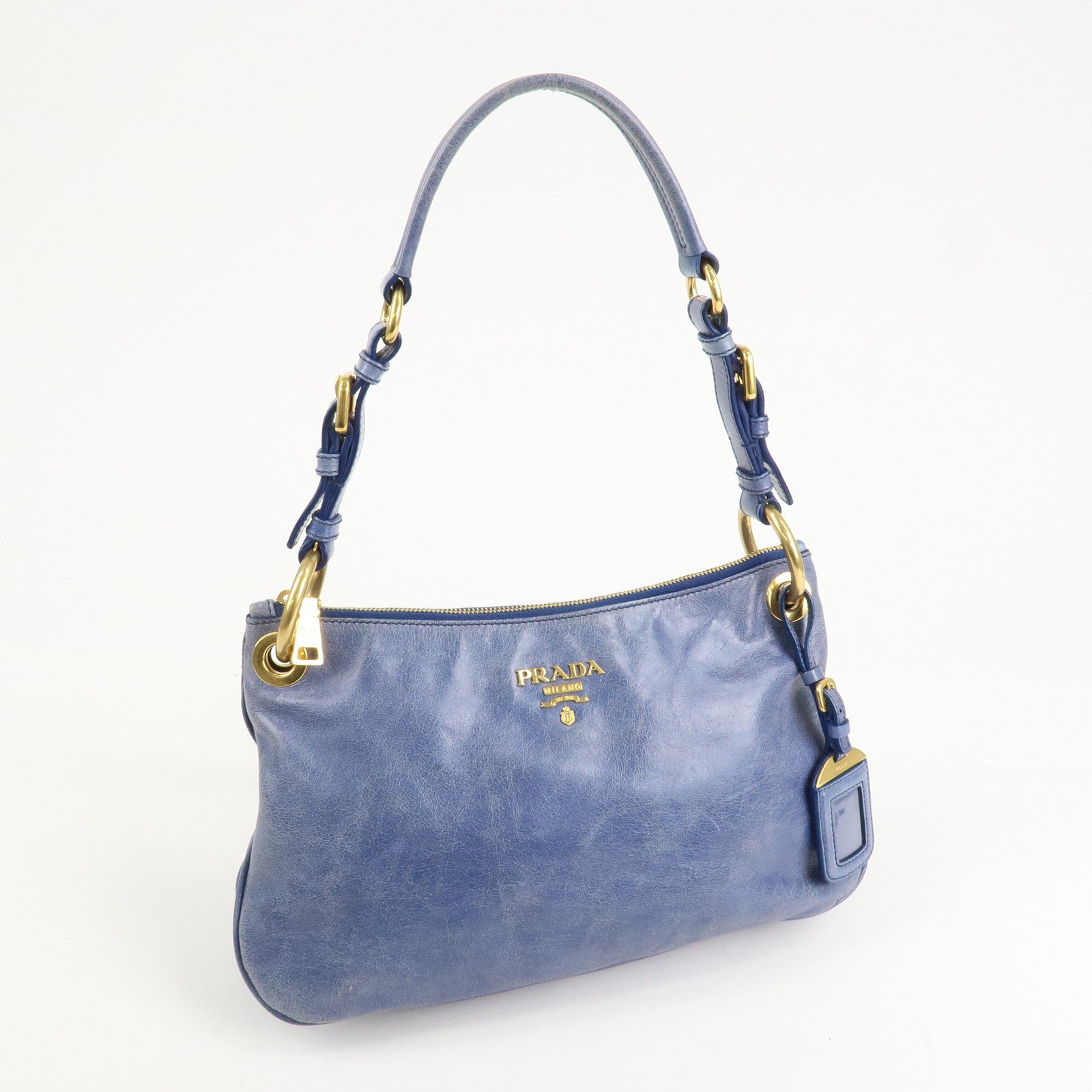 PRADA Leather Shoulder Bag Hand Bag Blue BR4984 Used
