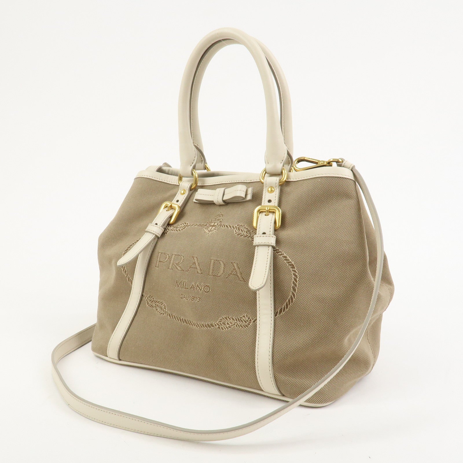 PRADA Logo Jaquard Leather 2Way Hand Bag Shoulder Bag Beige White