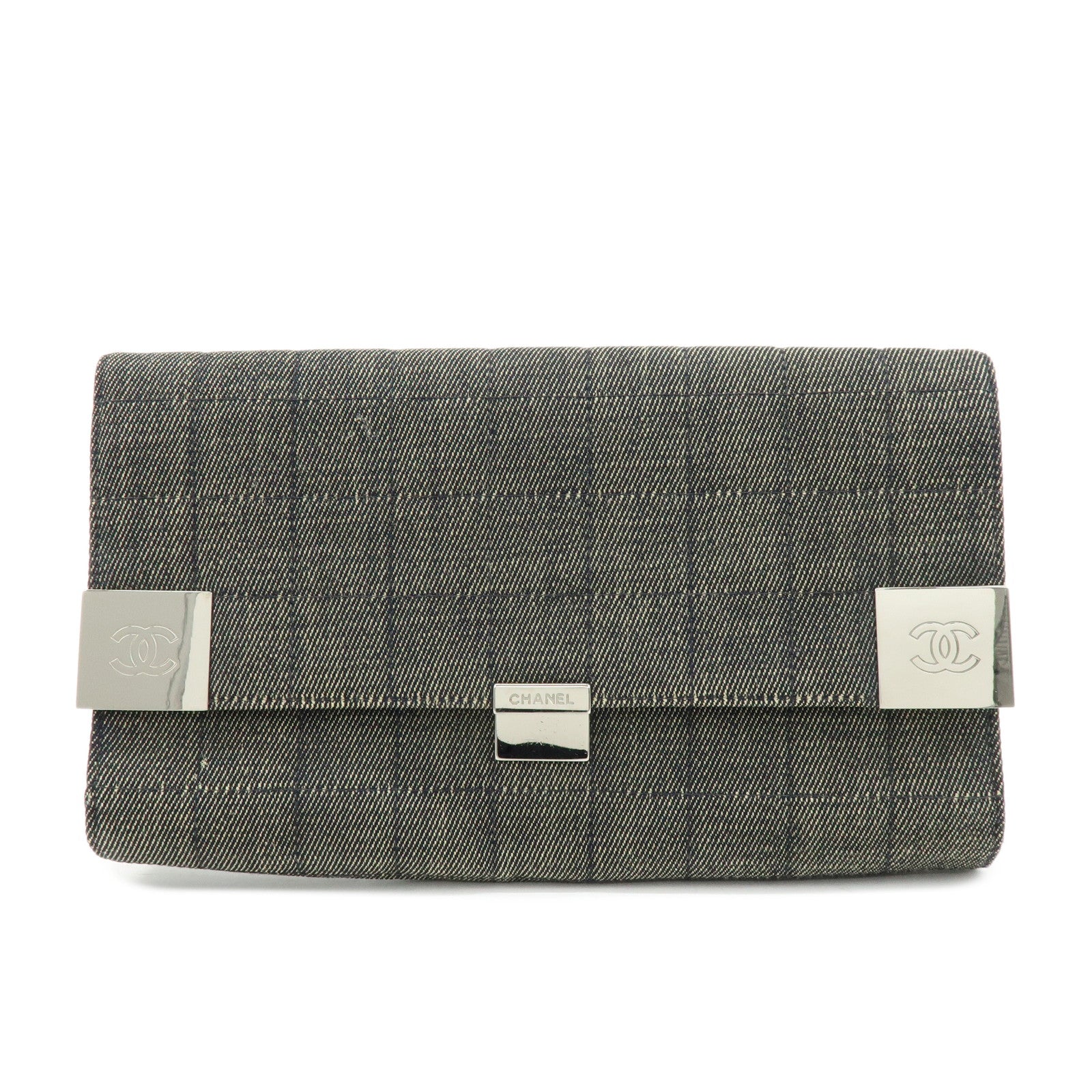 CHANEL Chocolate Bar COCO Mark Denim Clutch Bag Black