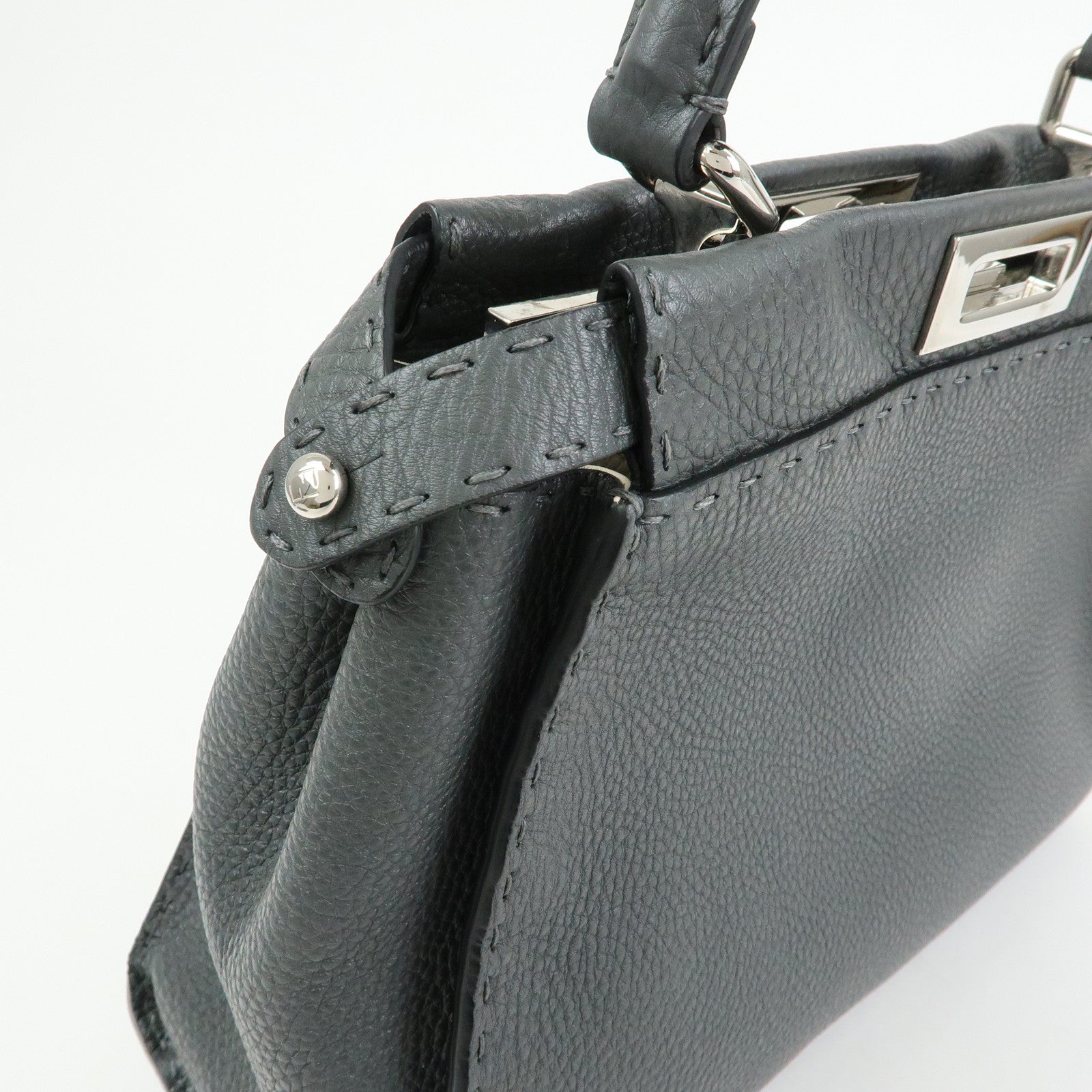 FENDI Peekaboo Selleria Leather 2Way Hand Shoulder Bag Gray 8BN290
