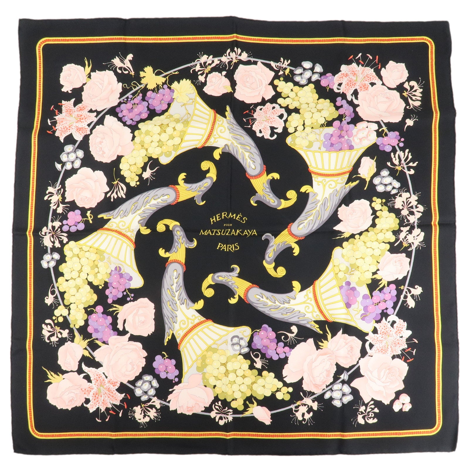 HERMES Carre 90 Silk 100% Scarf MATSUZAKAYA Black Multicolor Used