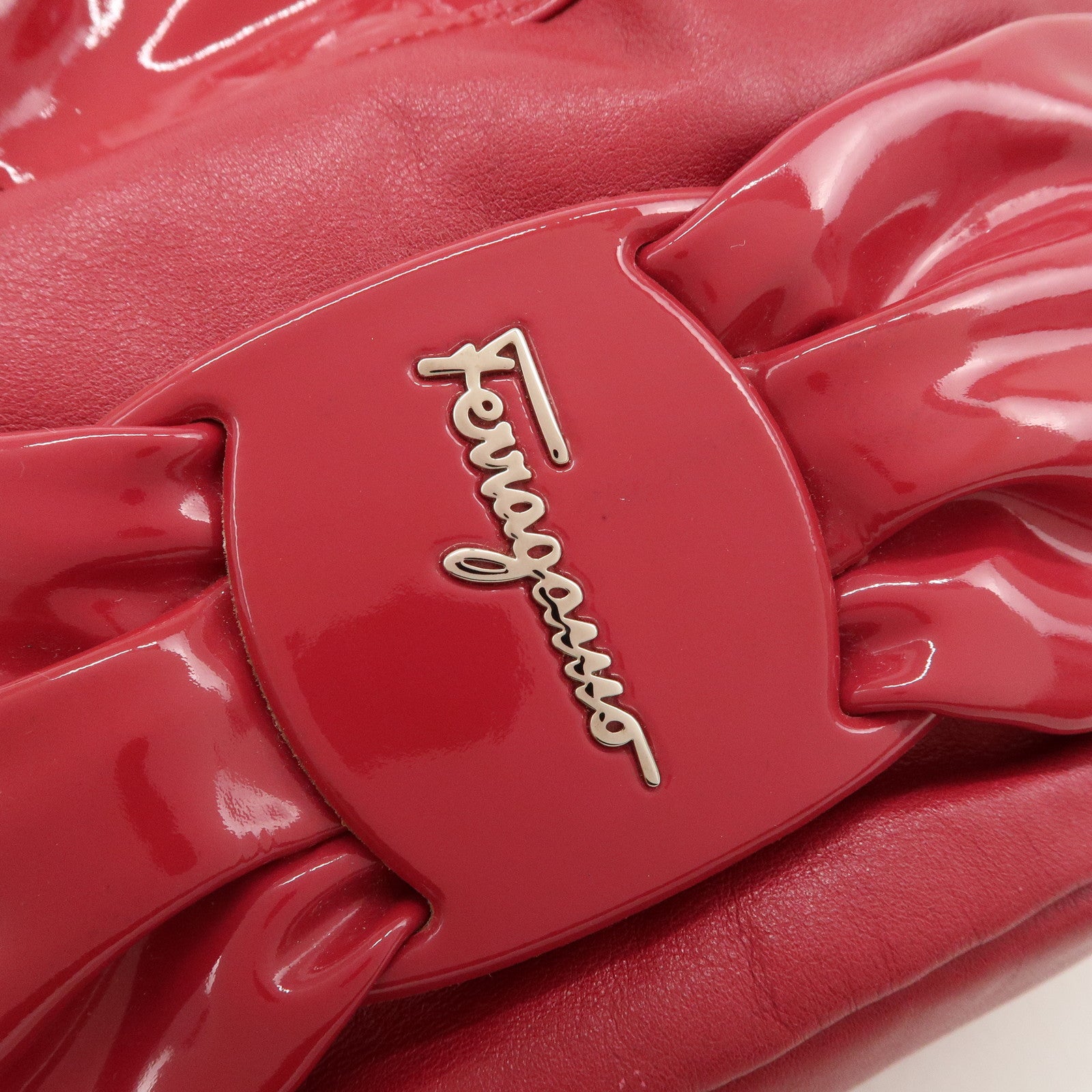 Ferragamo Gancini Varra Ribbon Patent Leather Hand Bag Red