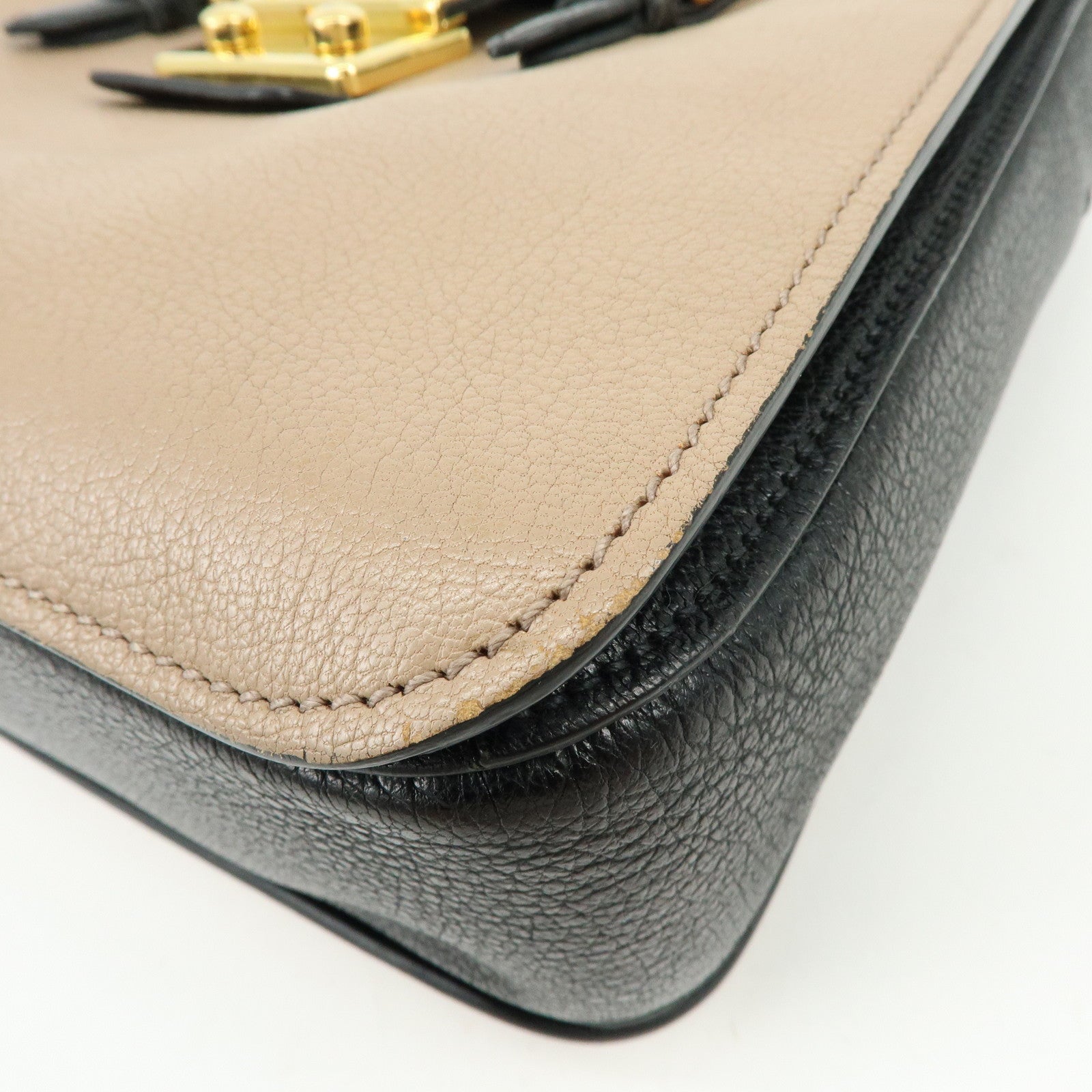 MIU MIU Madras Leather 2Way Hand Bag Bi-color Beige Black RN0799