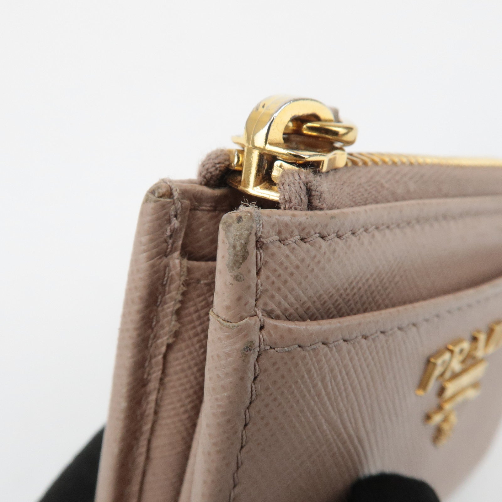 PRADA Logo Saffiano Leather Zippy Coin Case Pink Beige 1ML025 Used