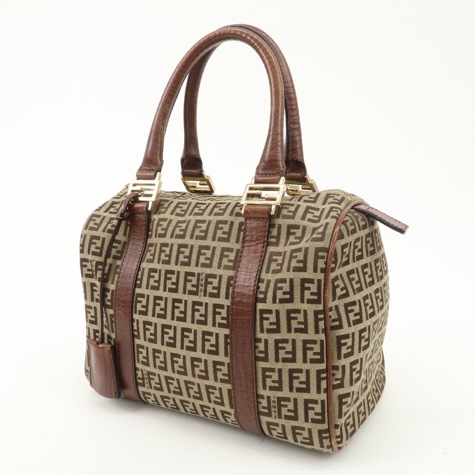 FENDI Zucchino Canvas Leather Boston Bag Brown Beige 8BL068 Used