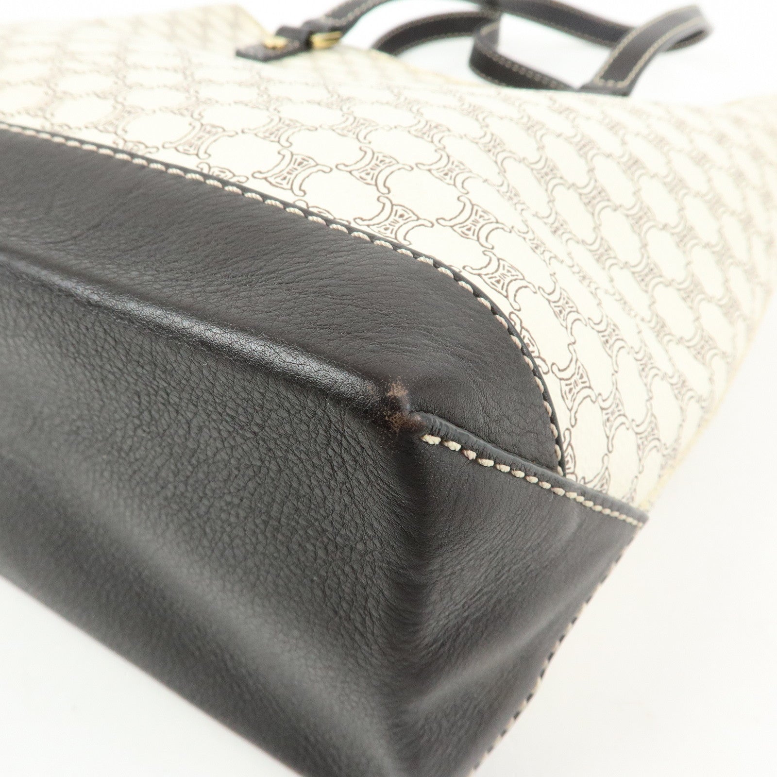 CELINE Macadam PVC Coated Canvas Leather Tote Bag White Dark Brown