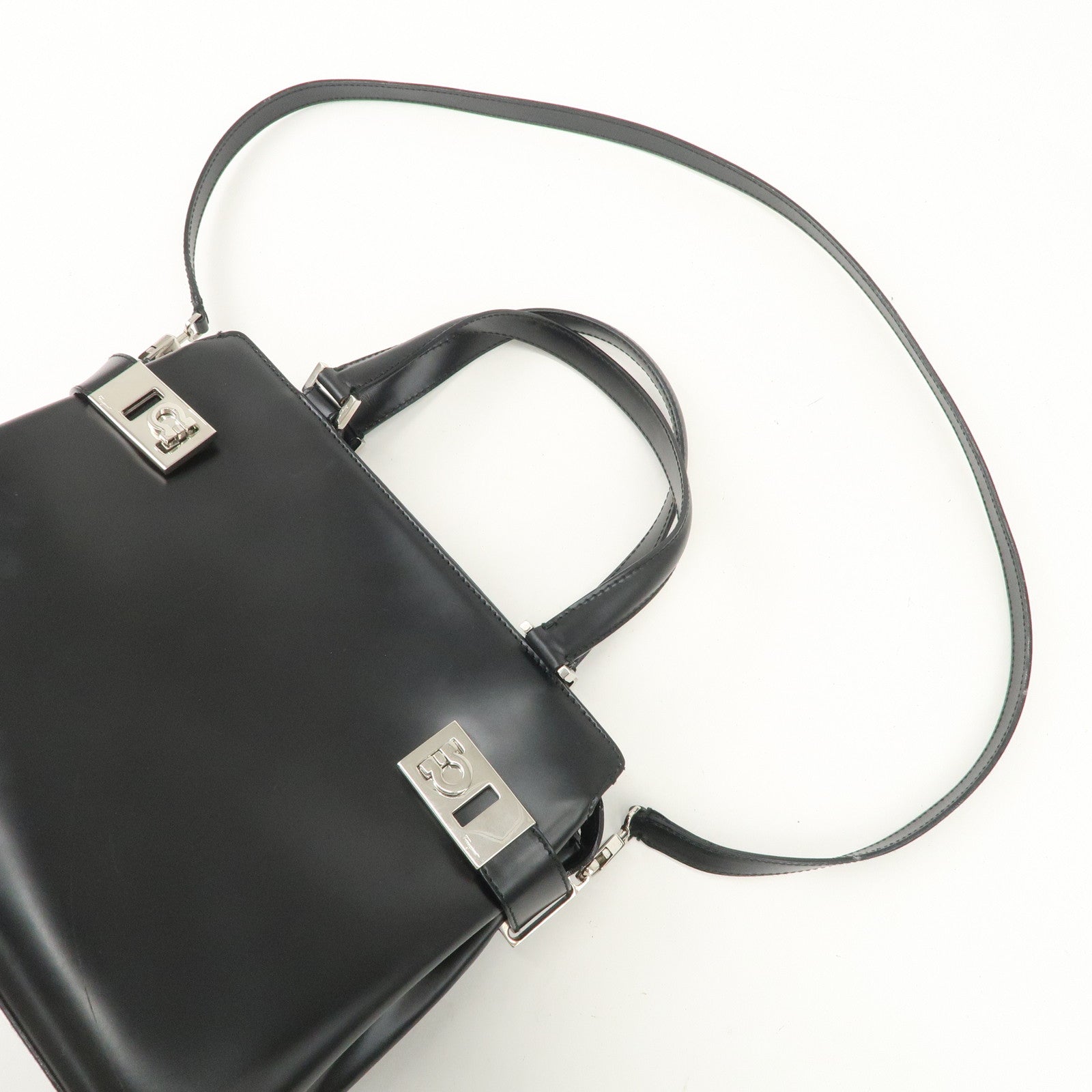 Ferragamo Gancini Leather 2Way Hand Bag Shoulder Bag Black Used