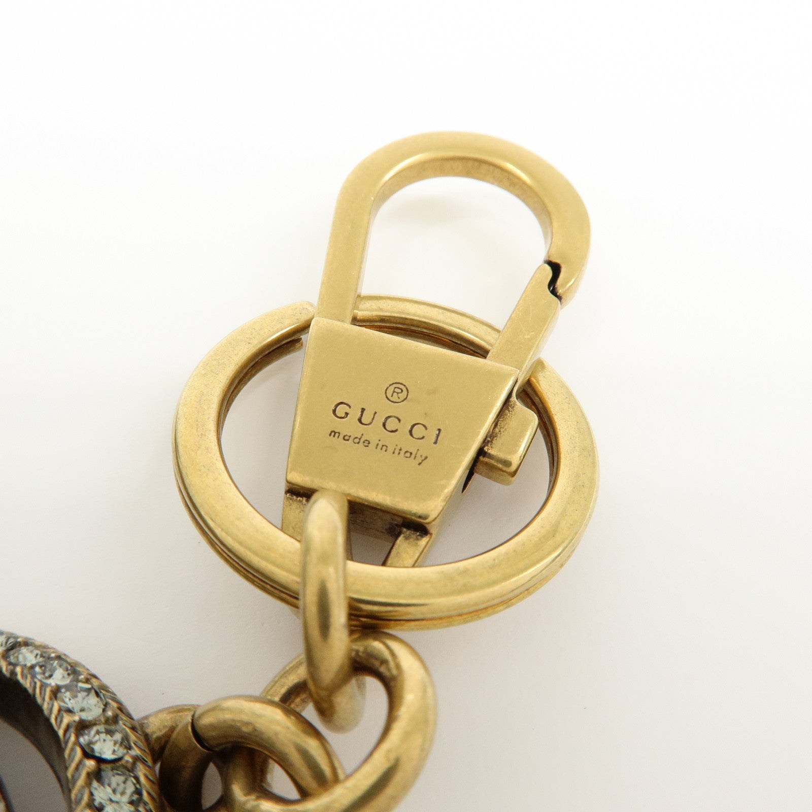 GUCCI Interlocking G Metal Rhinestone Faux Pearl Bag Charm Gold