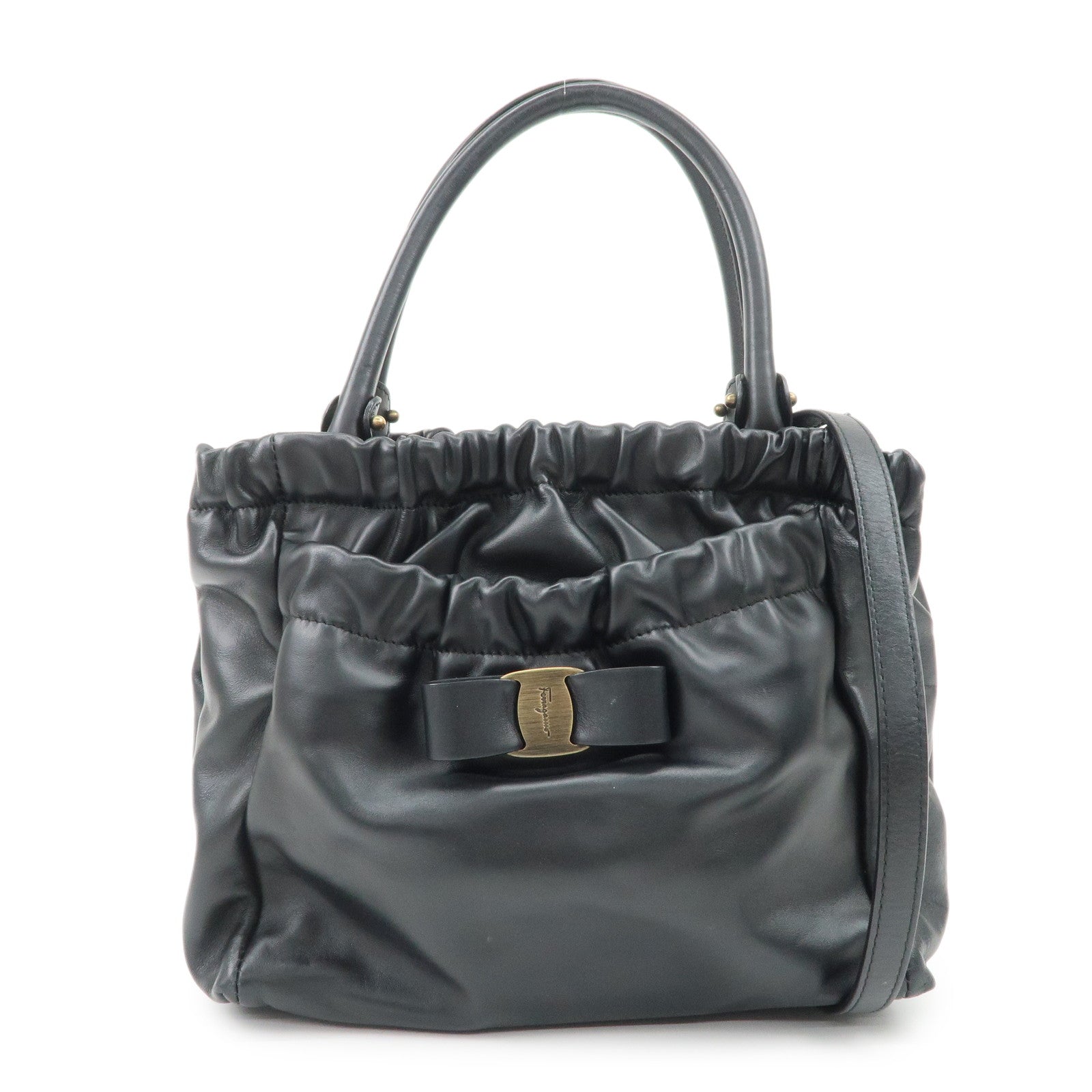 Ferragamo Vara Ribbon Leather 2Way Bag Hand Bag Shoulder Bag Black