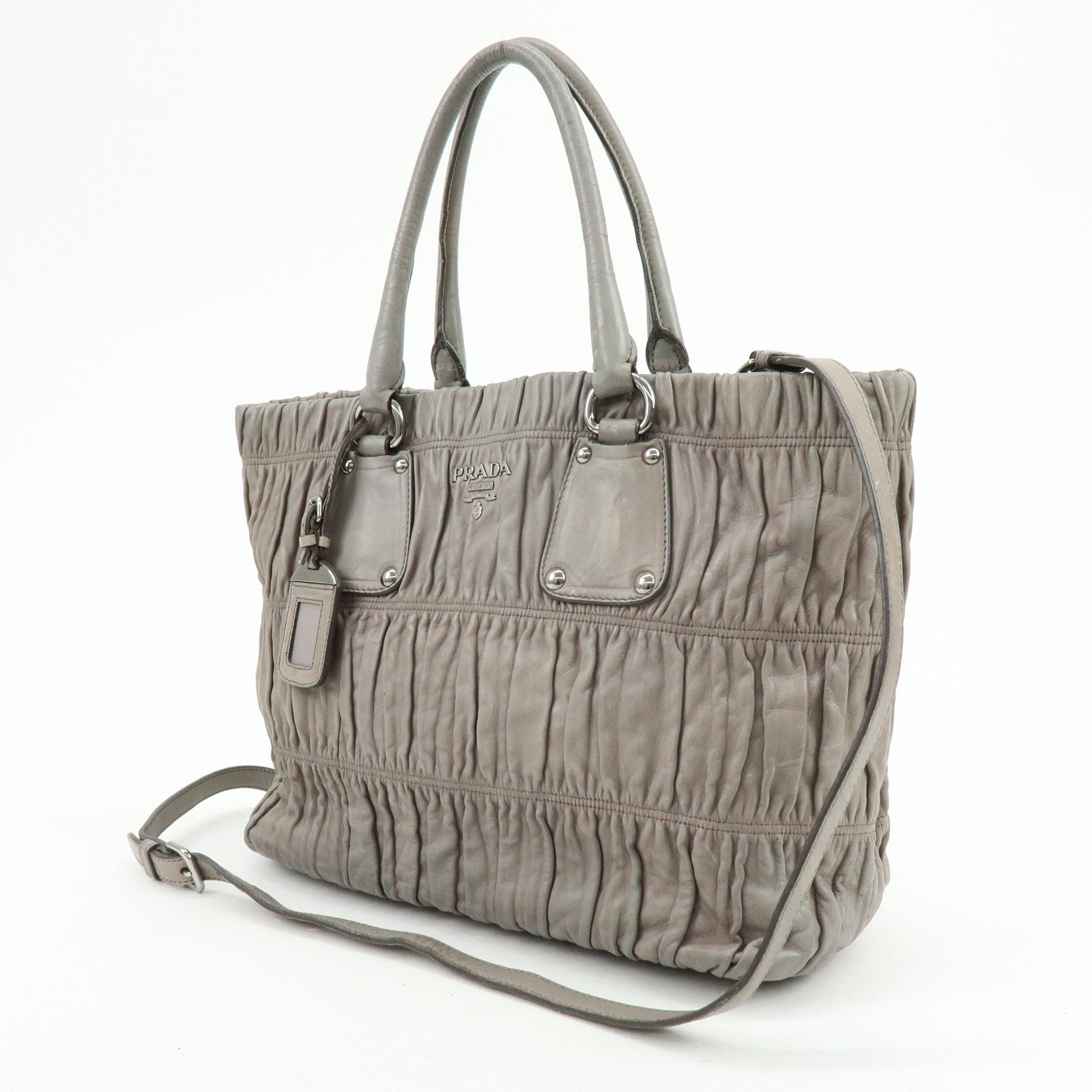 PRADA Logo Leather 2Way Bag Hand Bag Shoulder Bag Gray