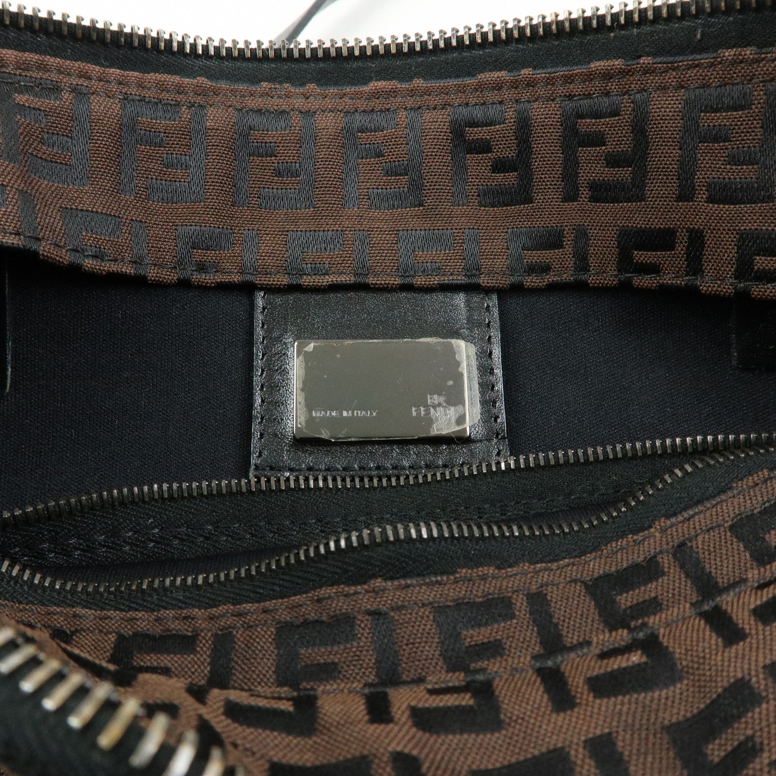 FENDI Zucchino Canvas Leather Tote Bag Hand Bag Brown Black 8BH022