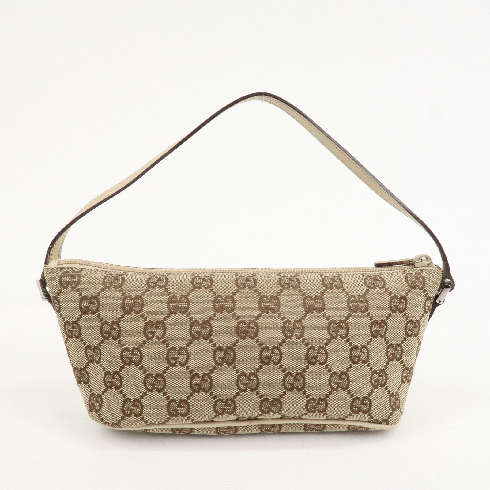 GUCCI Boat Bag GG Canvas Leather Hand Bag Pouch Beige Brown 07198