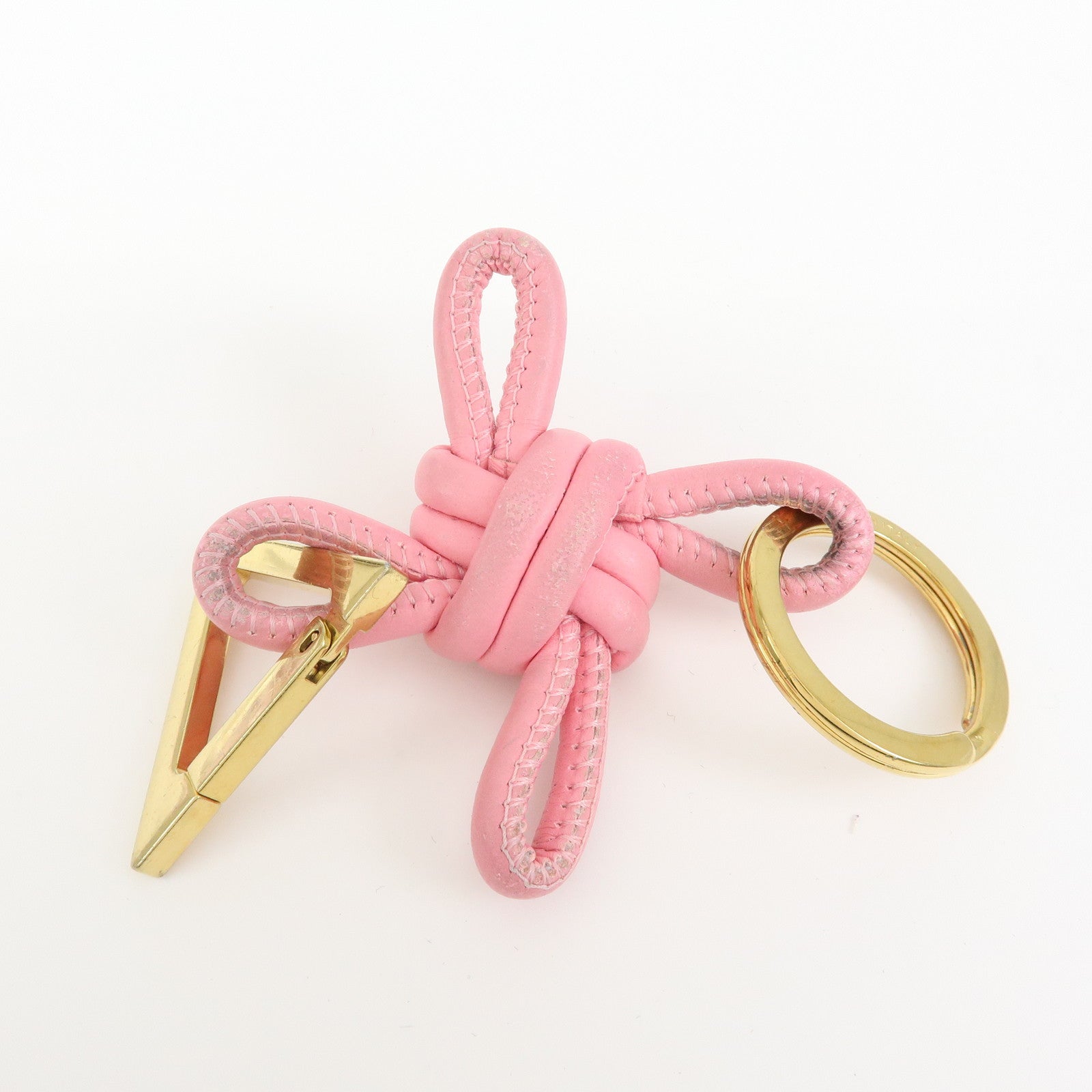 BOTTEGA VENETA Leather Metal Bag Charm Key Chain Gold Pink