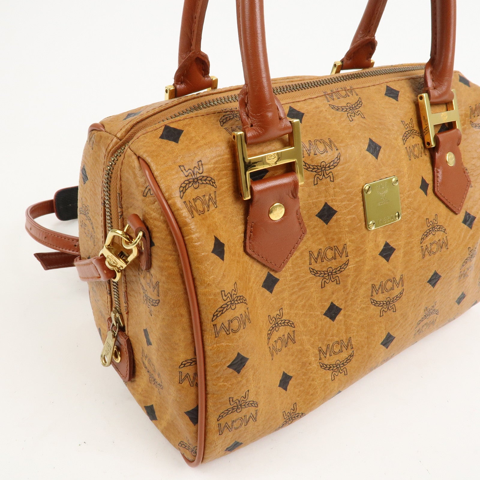 MCM Visetos Leather 2Way Bag Boston Bag Cognac