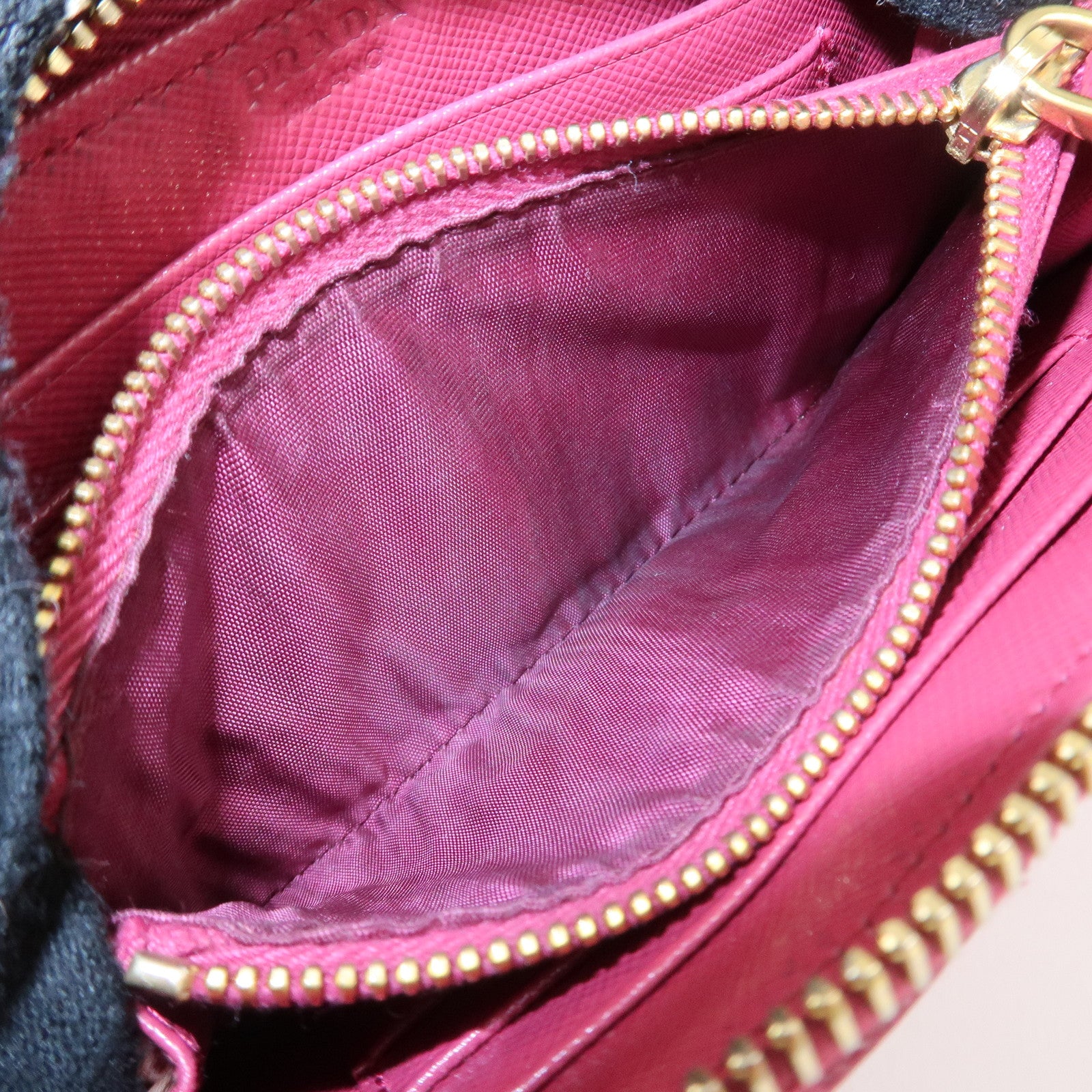 PRADA Logo Leather Round Zippy Wallet Pink Gold Hardware Used