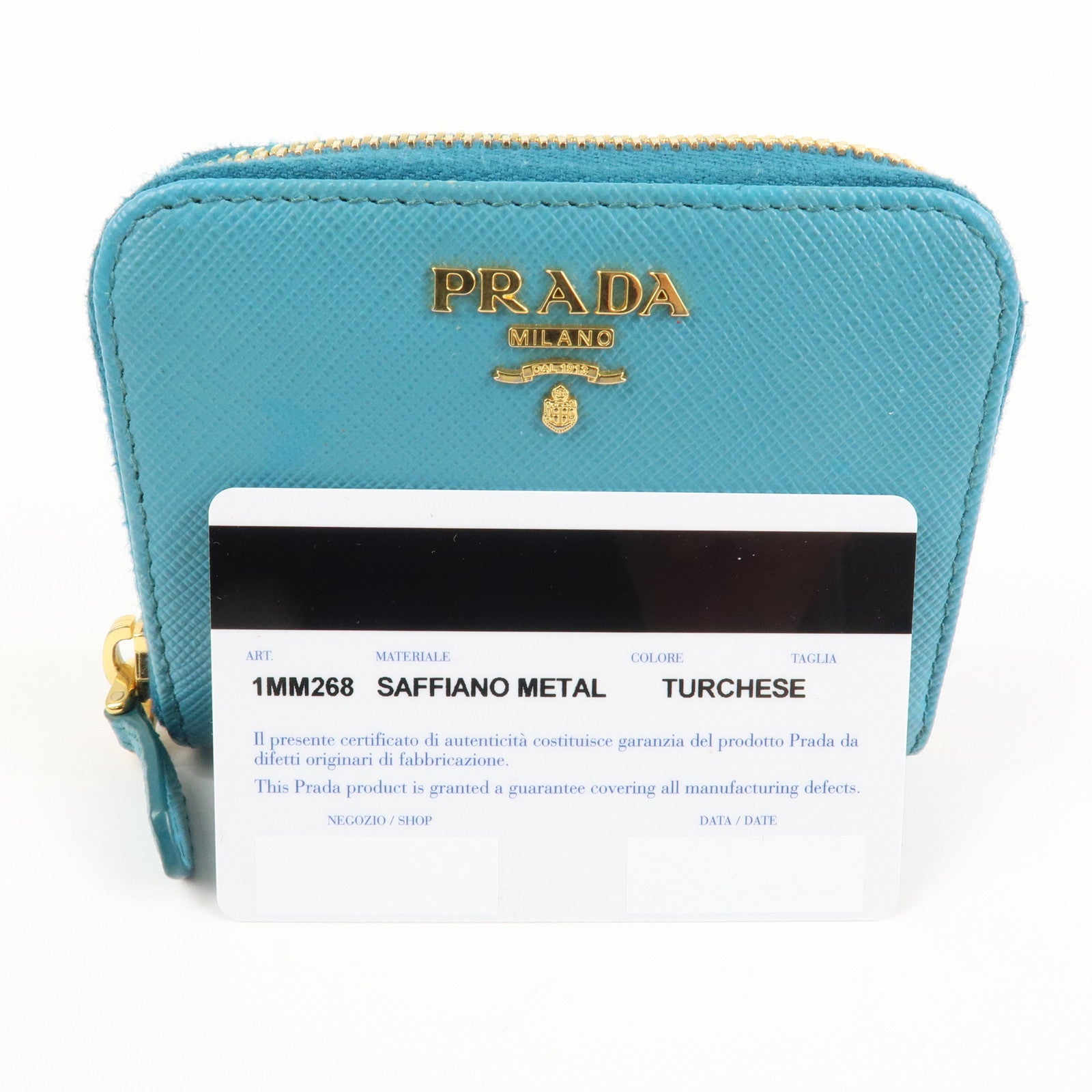 PRADA Logo Saffiano Leather Round Zippy Small Wallet Blue 1MM268 Used