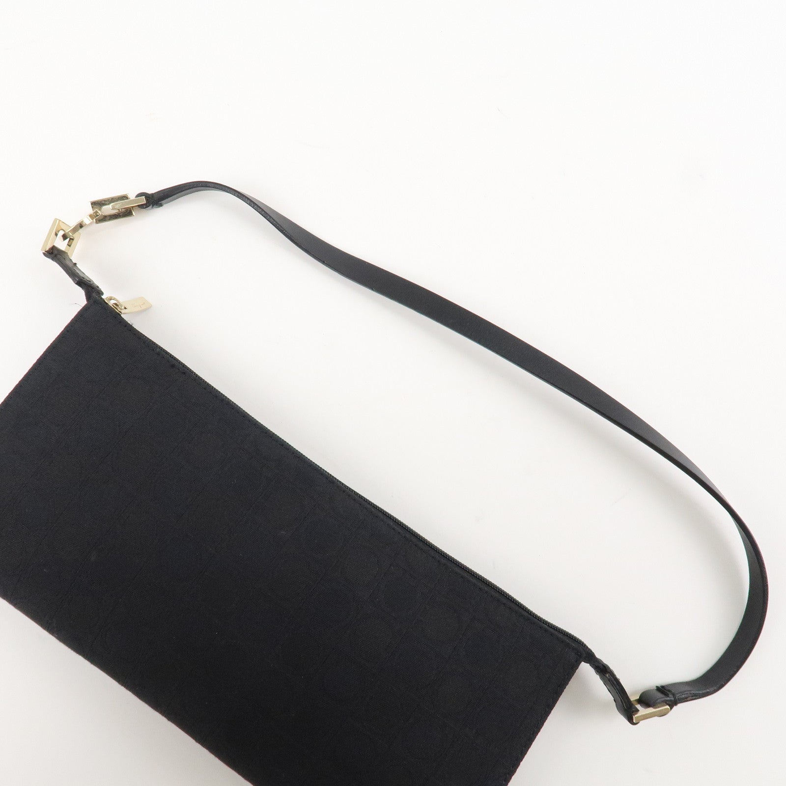 Ferragamo Ganchini Canvas Leather Shoulder Bag Hand Bag Black Used
