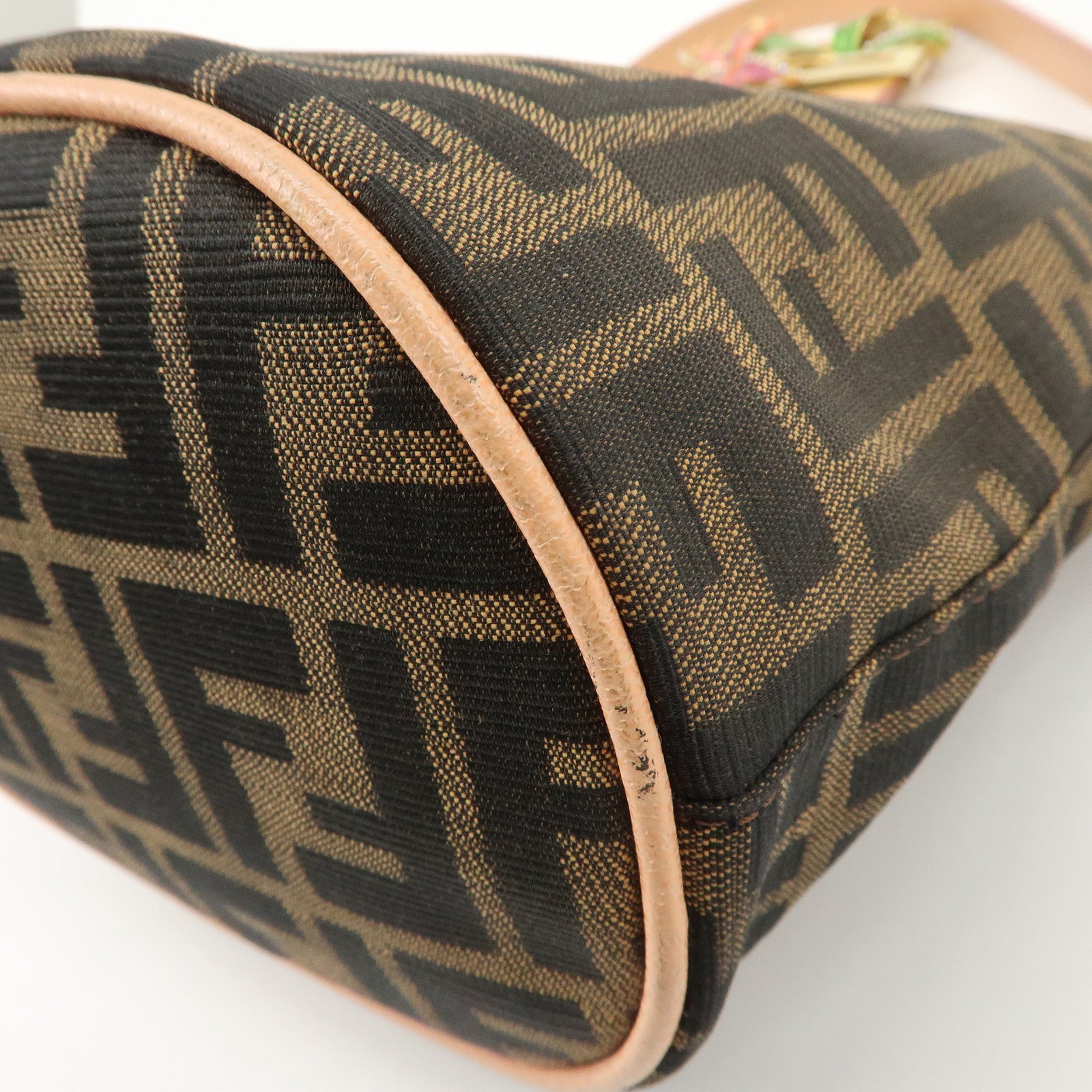 FENDI Zucca Canvas Leather Shoulder Bag Black Pink Flower Motif