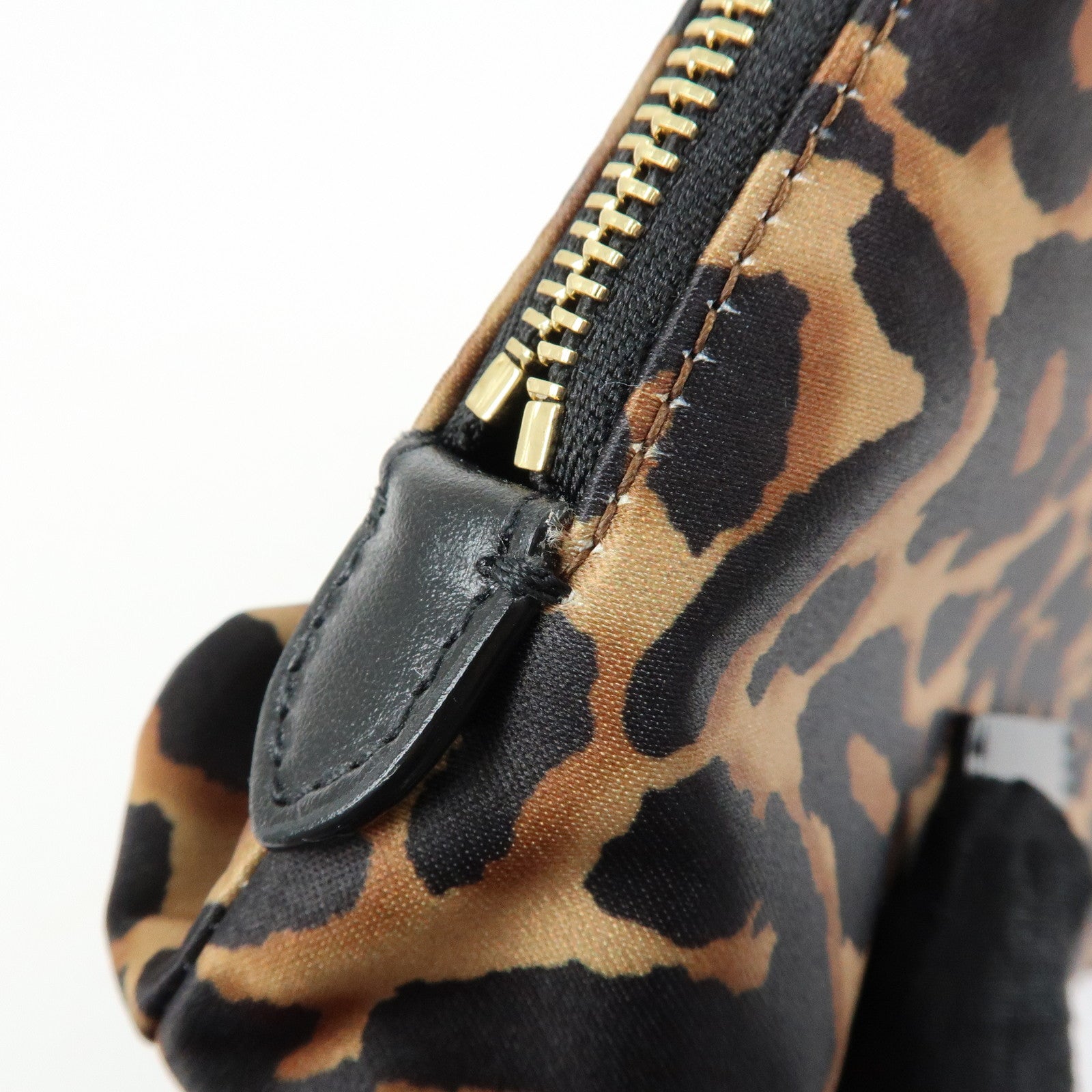 JIMMY CHOO Nylon Leather Leopard Clutch Pouch Makeup Bag Brown