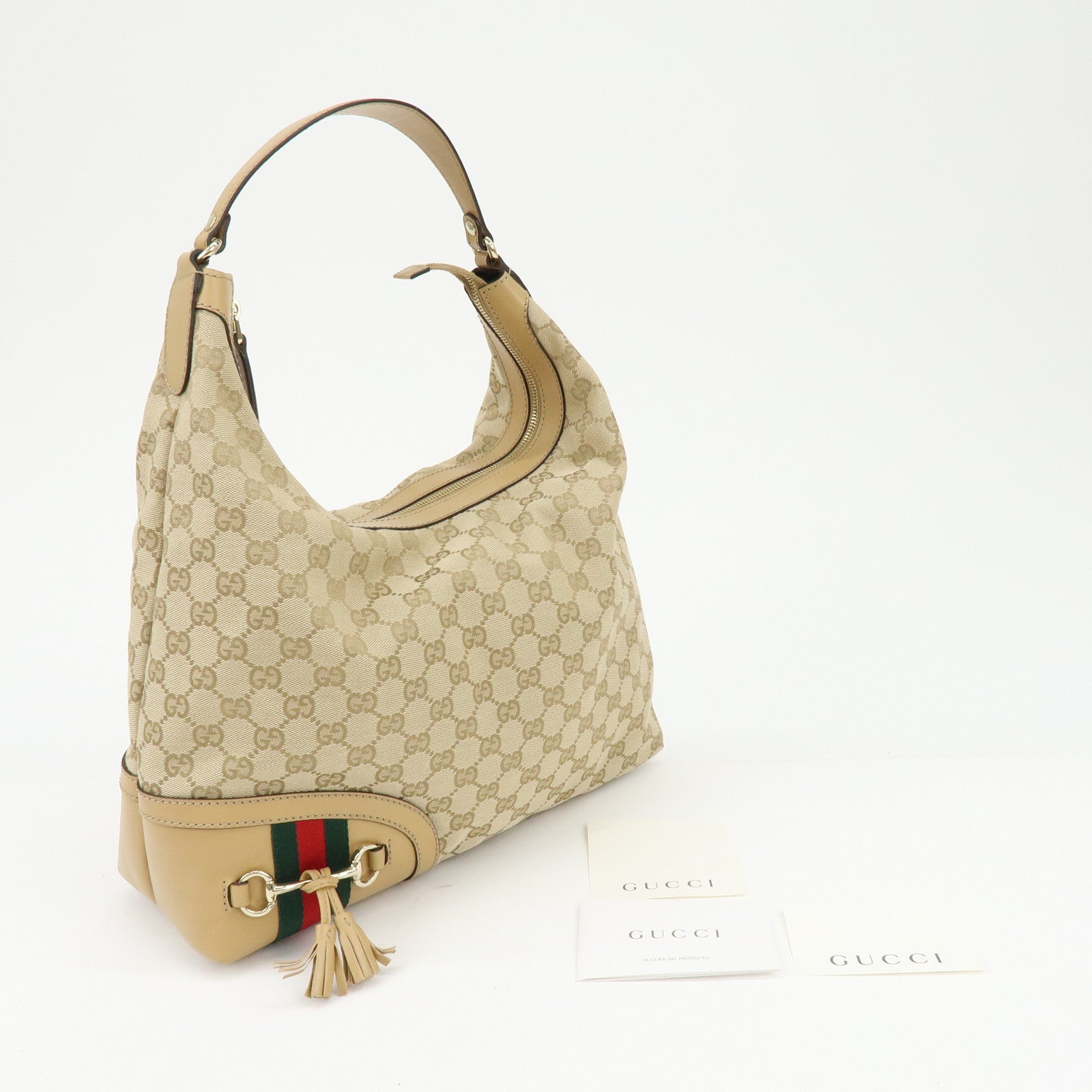 GUCCI Sherry Horsebit GG Canvas Leather Shoulder Bag Beige 232968
