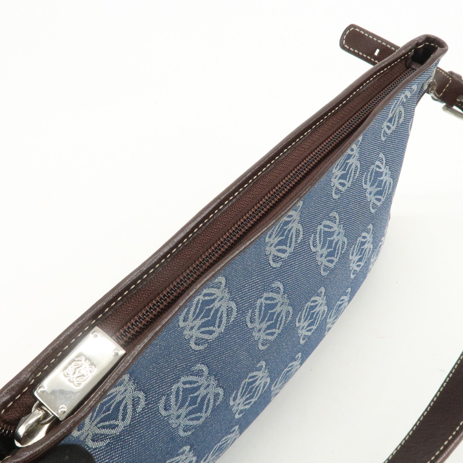 LOEWE Anagram Canvas Leather Shoulder Bag Hand Bag Denim Brown