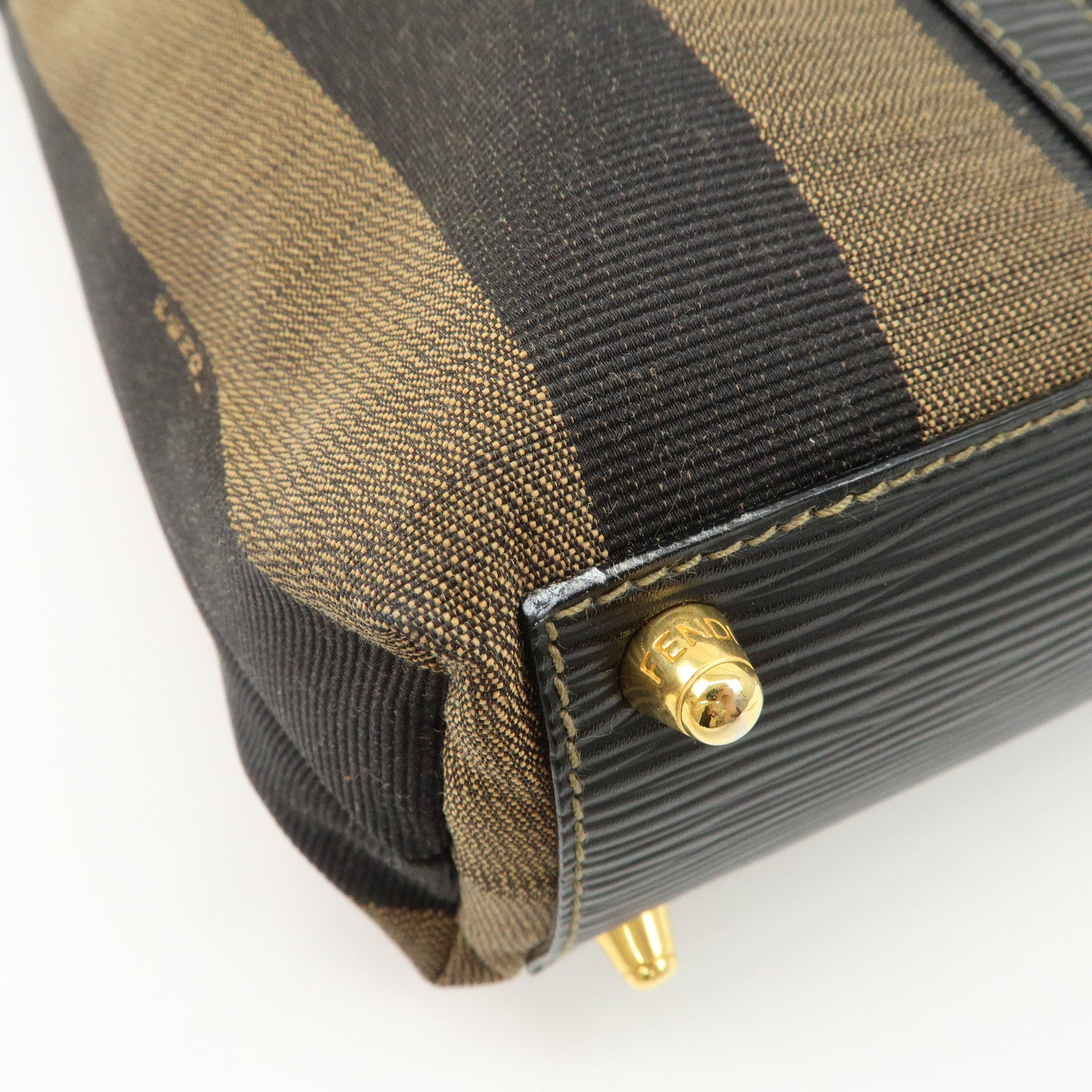 FENDI Pequin Canvas Leather Hand Bag Tote Bag Black Brown