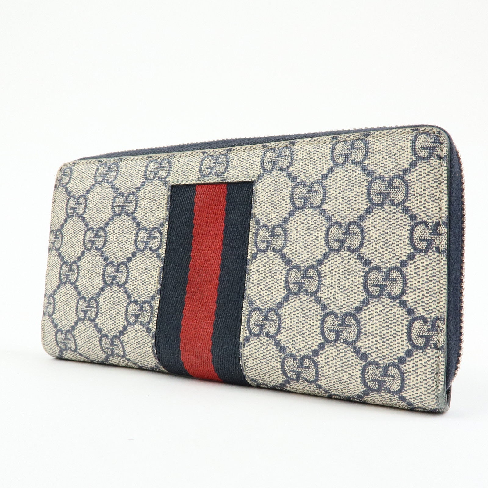 GUCCI Sherry GG Supreme Web Stripe Long Wallet Beige Navy 408831