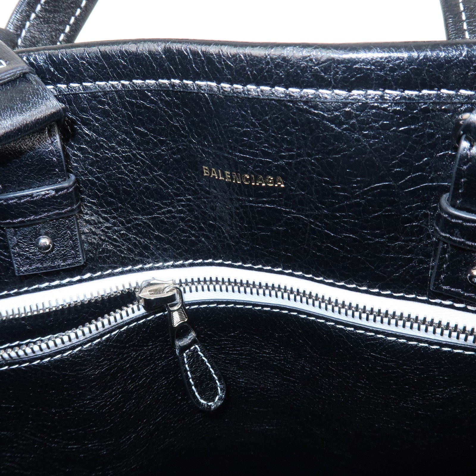 BALENCIAGA Leather Barbes 2way Tote Bag Black White 671409 Used