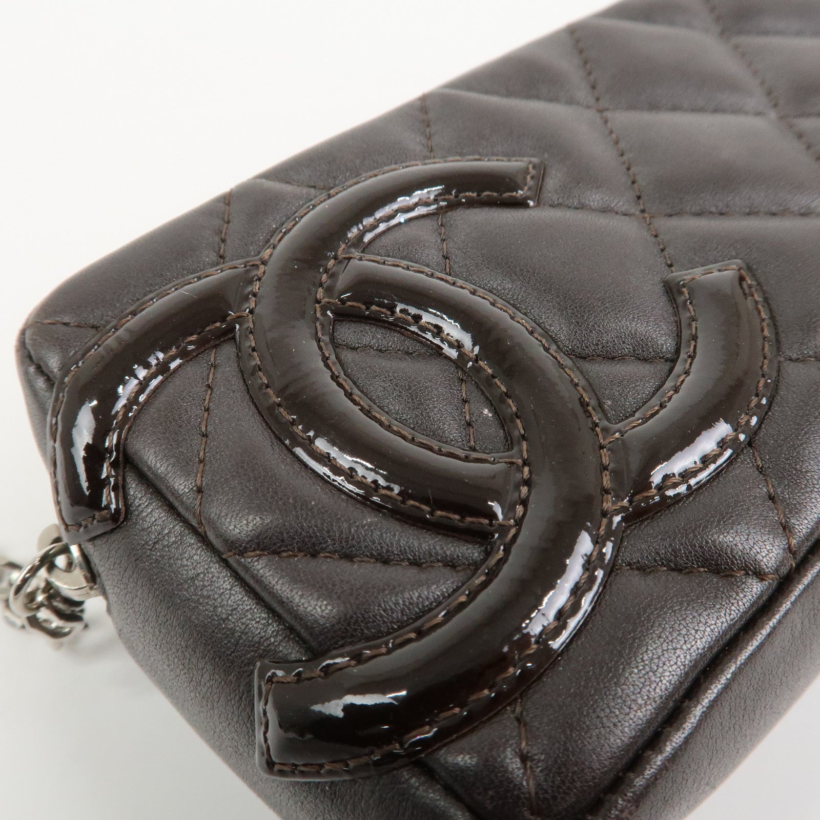 CHANEL Cambon Line COCO Mark Lambskin Cosmetic Pouch Brown