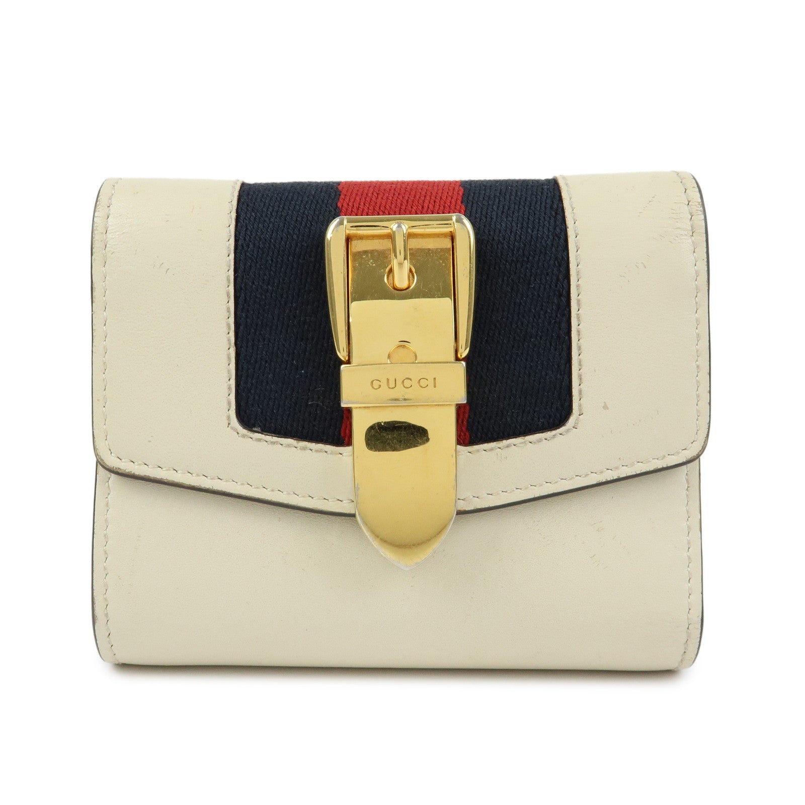 GUCCI Sherry Silvie Leather Tri-fold Compact Wallet Ivory 476081