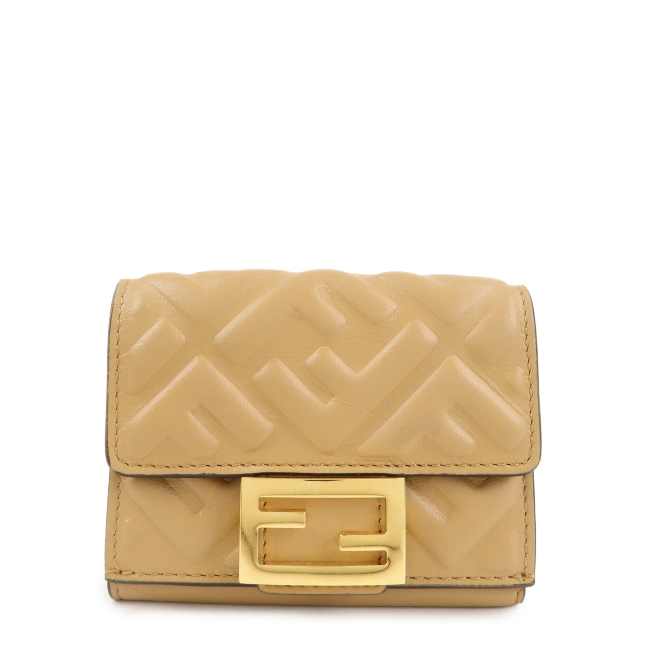 FENDI Zucca Baguette Leather Micro Tri-fold Wallet Beige 8M0395 Used