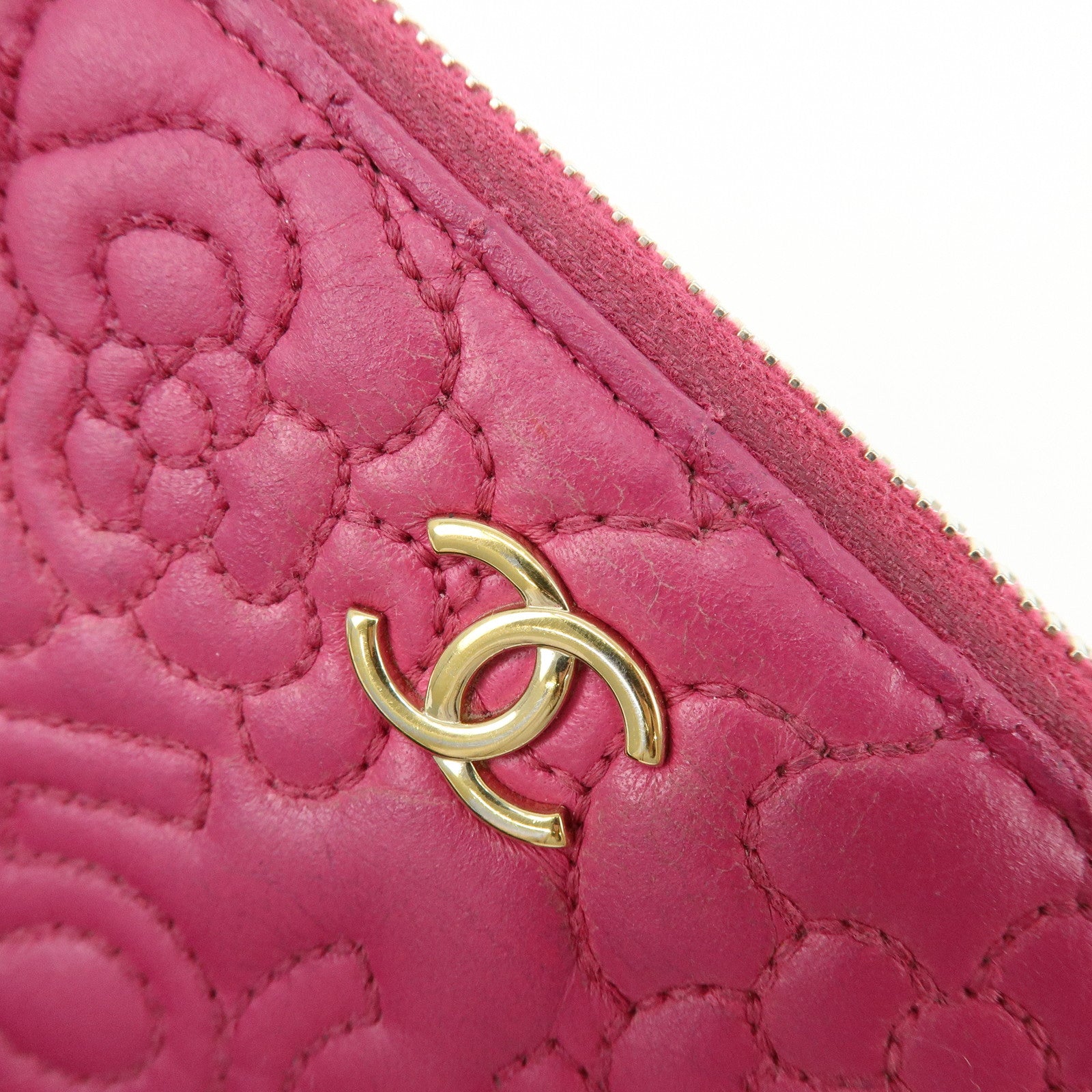 CHANEL Camellia No.5 COCO Mark Calf Leather Zippy Long Wallet Pink