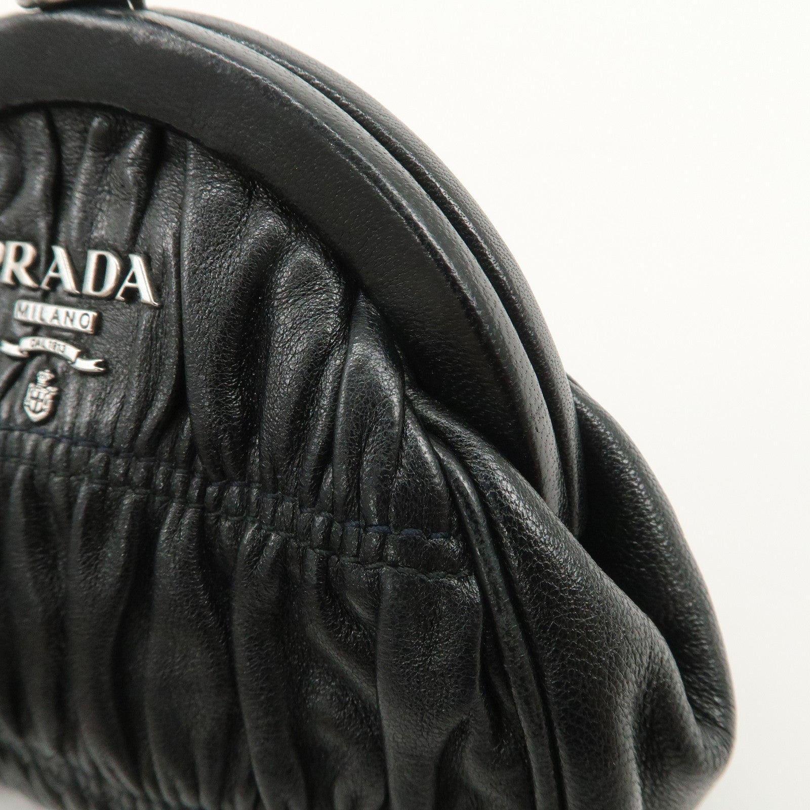 PRADA Logo Gathered Leather Pouch Compact Wallet Coin Case Black