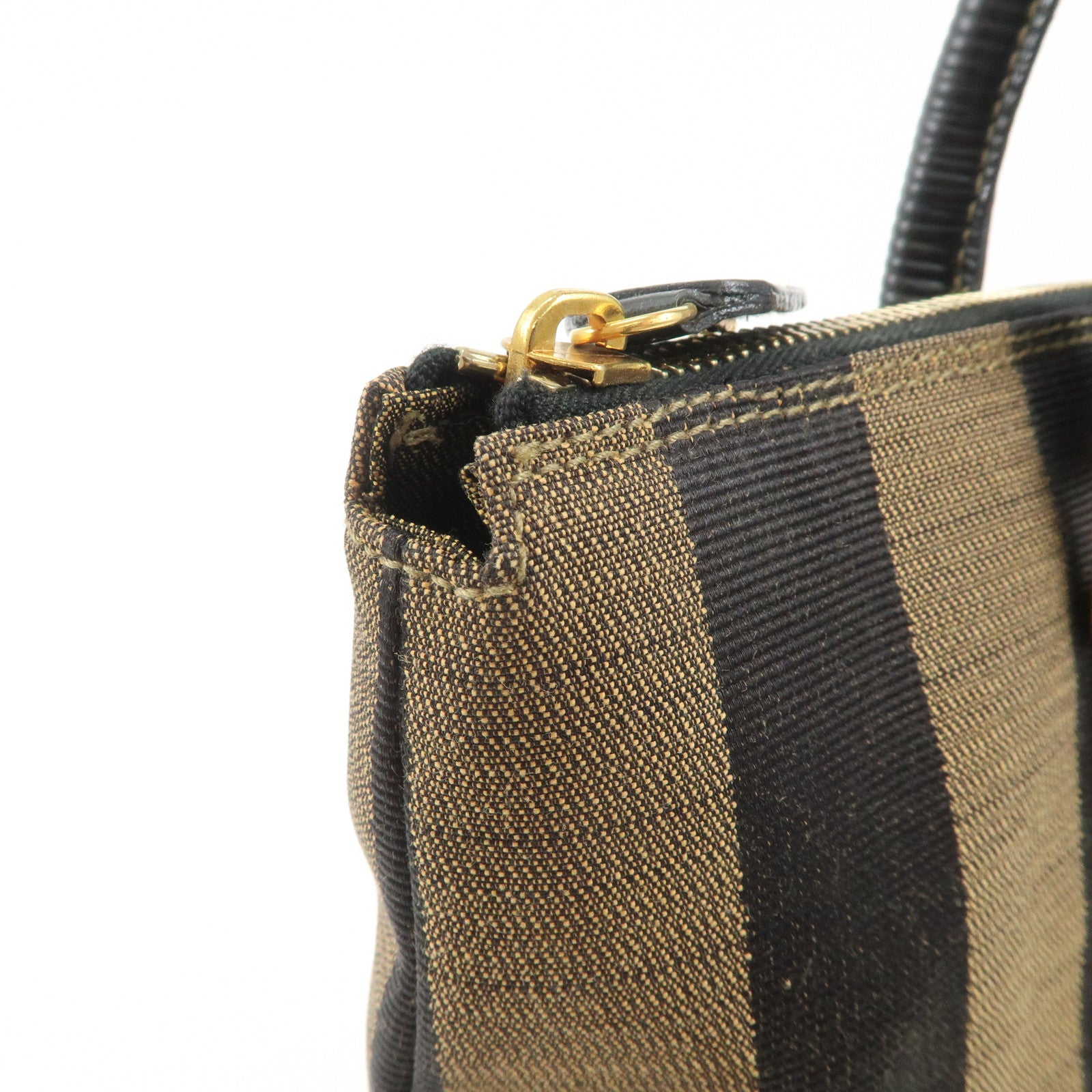 FENDI Pequin Canvas Leather Hand Bag Tote Bag Black Brown