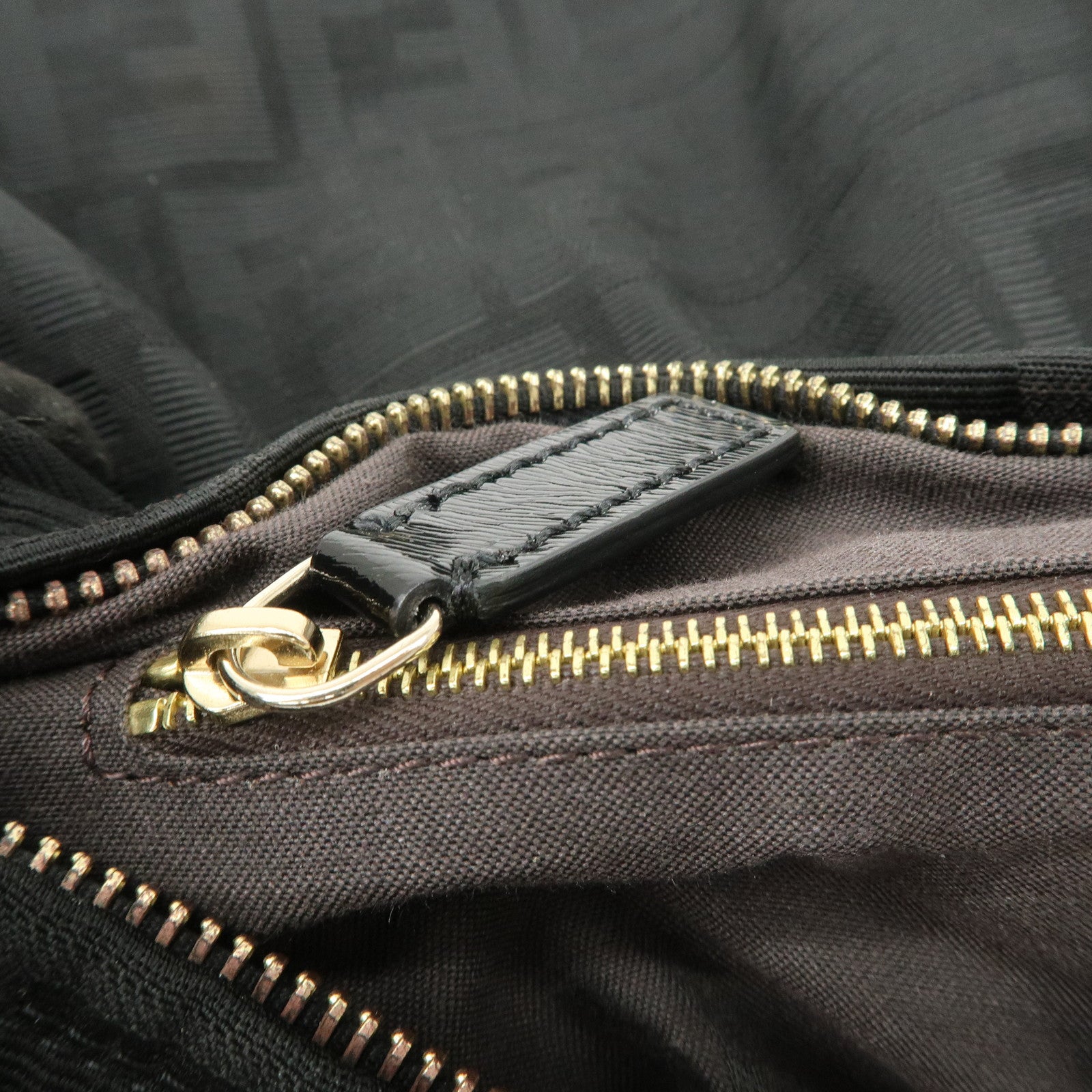 FENDI Zucca Canvas Leather Gathered Shoulder Bag Black 8BR448